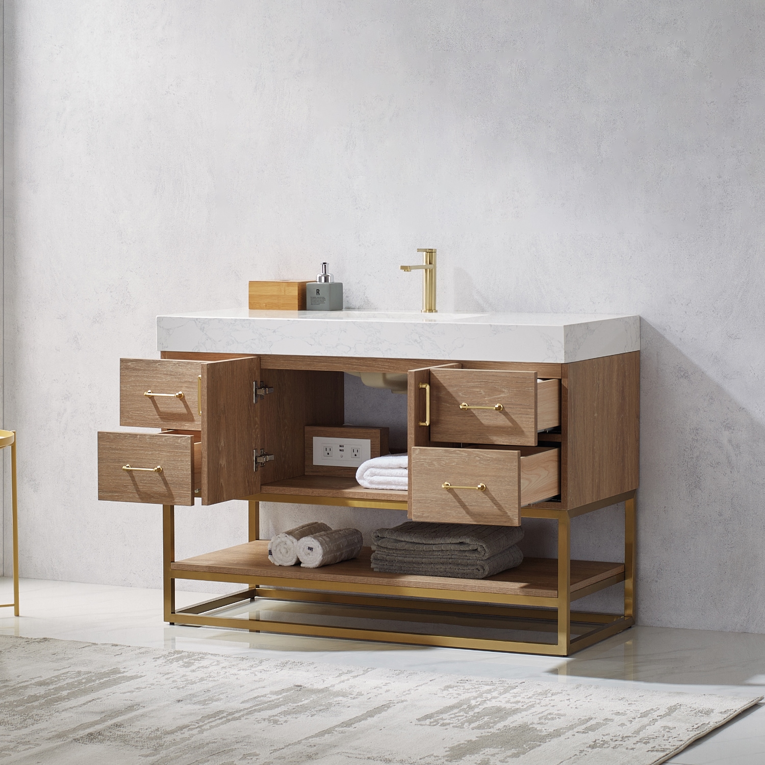 48 Inch Oak Single Vanity with White Stone Top and Brushed Gold Trim