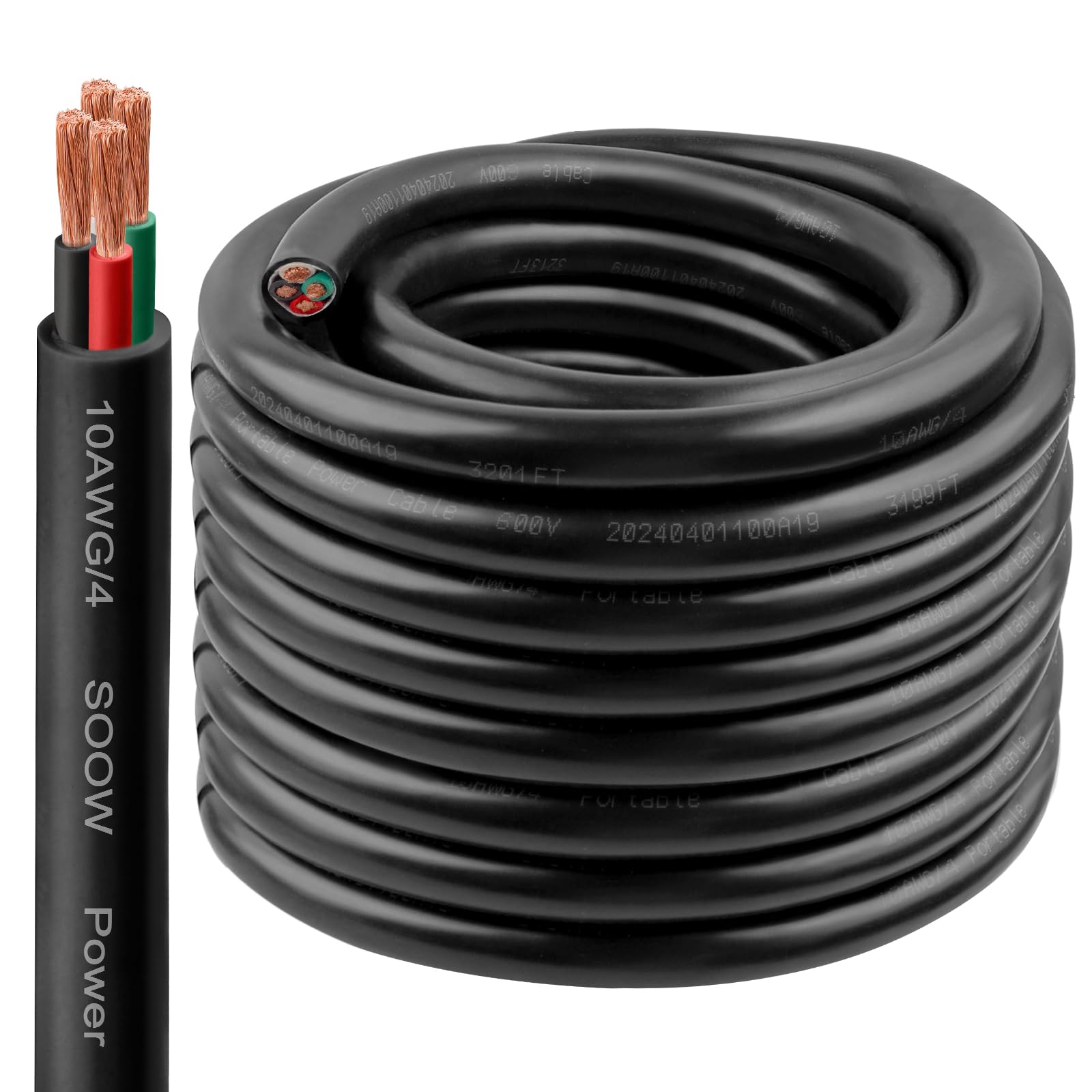 Anqtovp  10 Gauge 4 Conductor SOOW Power Cord 50 Feet Heavy Duty 600 Volt Portable Cable for Welder Generator Lighting and Motor Leads