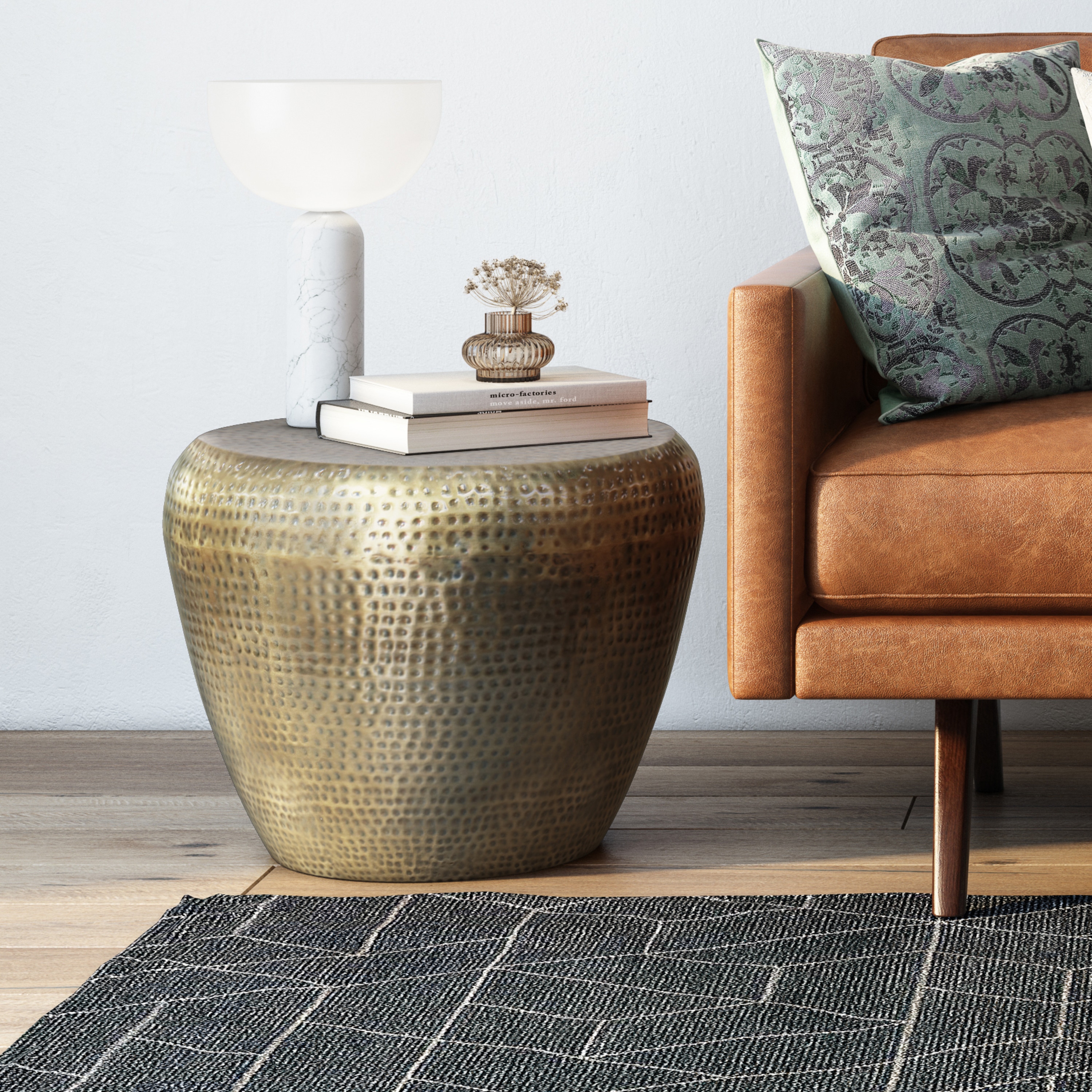 Preston 22" Antique Gold Hand-Hammered Metal Drum Side Table