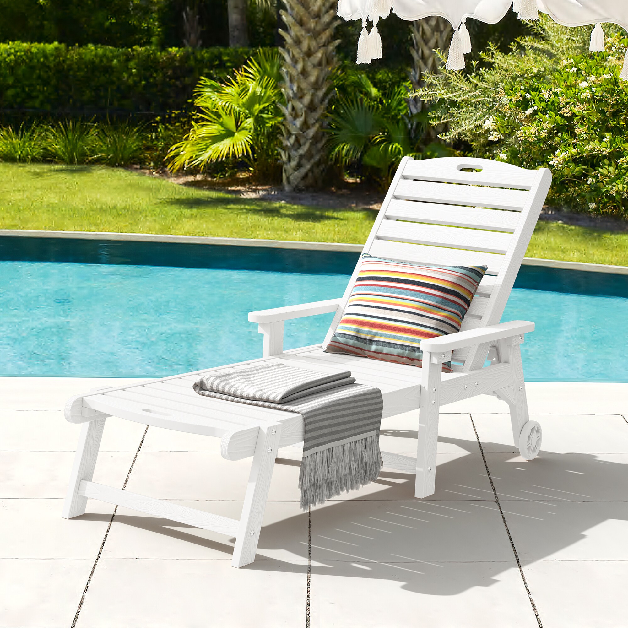 LUE BONA LB23OLC0001-600LS White HDPE Frame Stationary Chaise Lounge Chair with Slat Seat