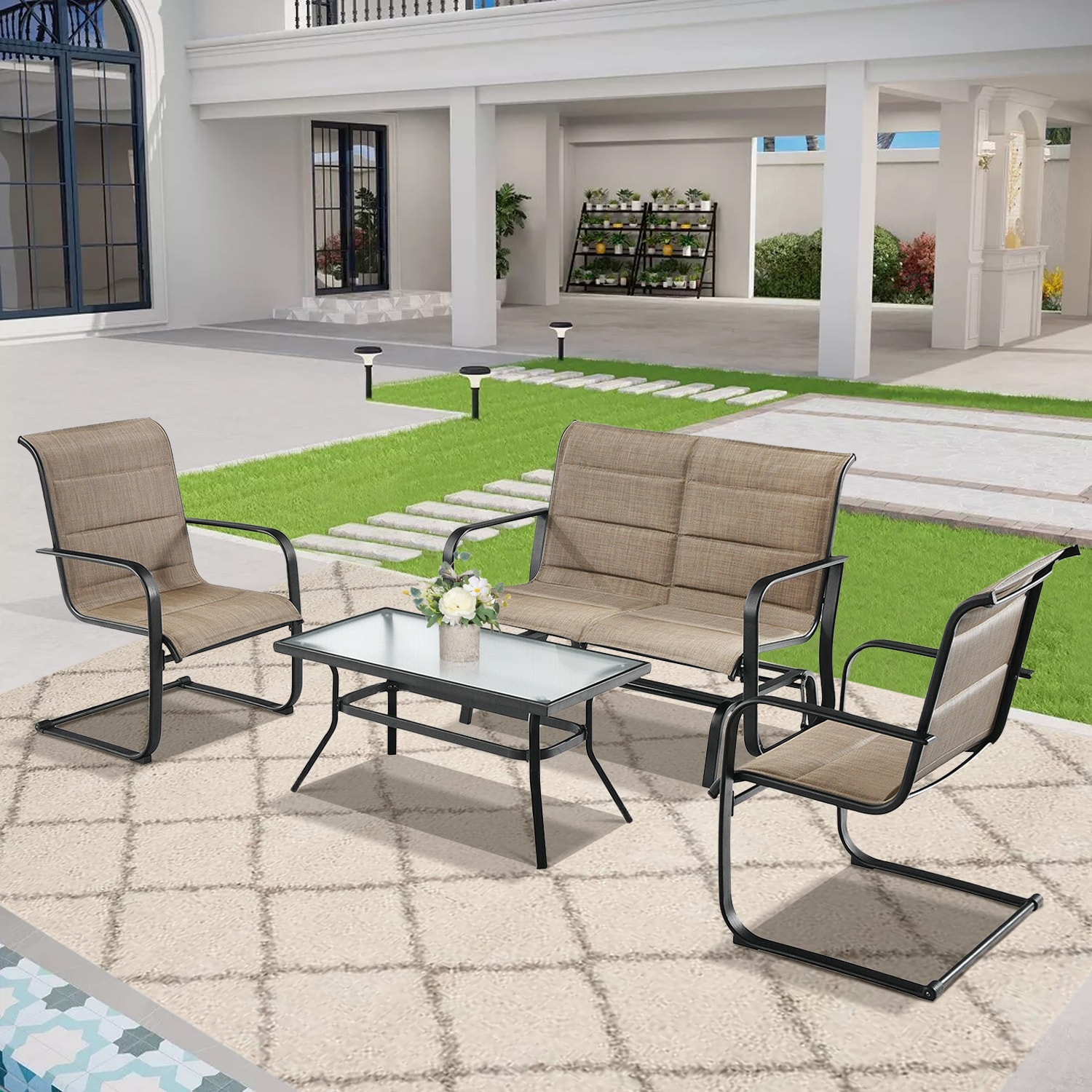 Brown Steel and Tempered Glass Outdoor Patio Furniture Set