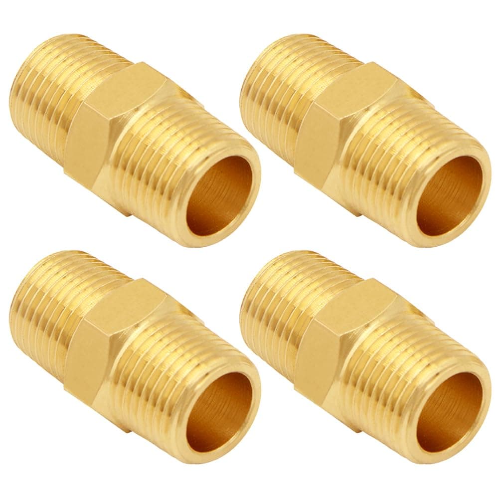 AKSCYZM  4 pcs 3 8 Inch NPT Brass Hex Nipple Coupling Male Threaded Equal Diameter Coupler Air Hose Pipe Fittings Adapter for Water Oil Gas Heavy