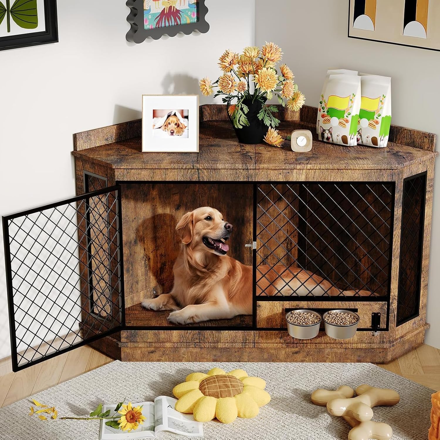 IdealHouse Corner Dog Crate Furniture with 360 dergee Rotating Feeder Decorative Dog Crates Dog Cage TV Stand Wooden Dog Kennel End Table for Small Medium Big Dog