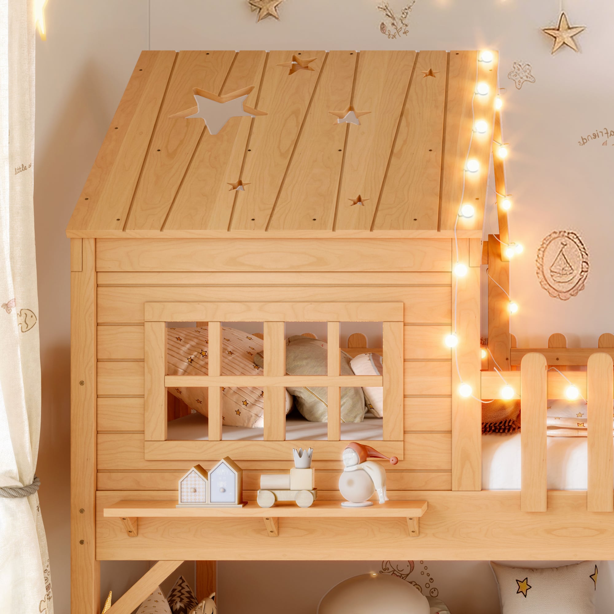 CHITA Twin Natural Loft Bed with LED Lighting and Ladder Access and ...
