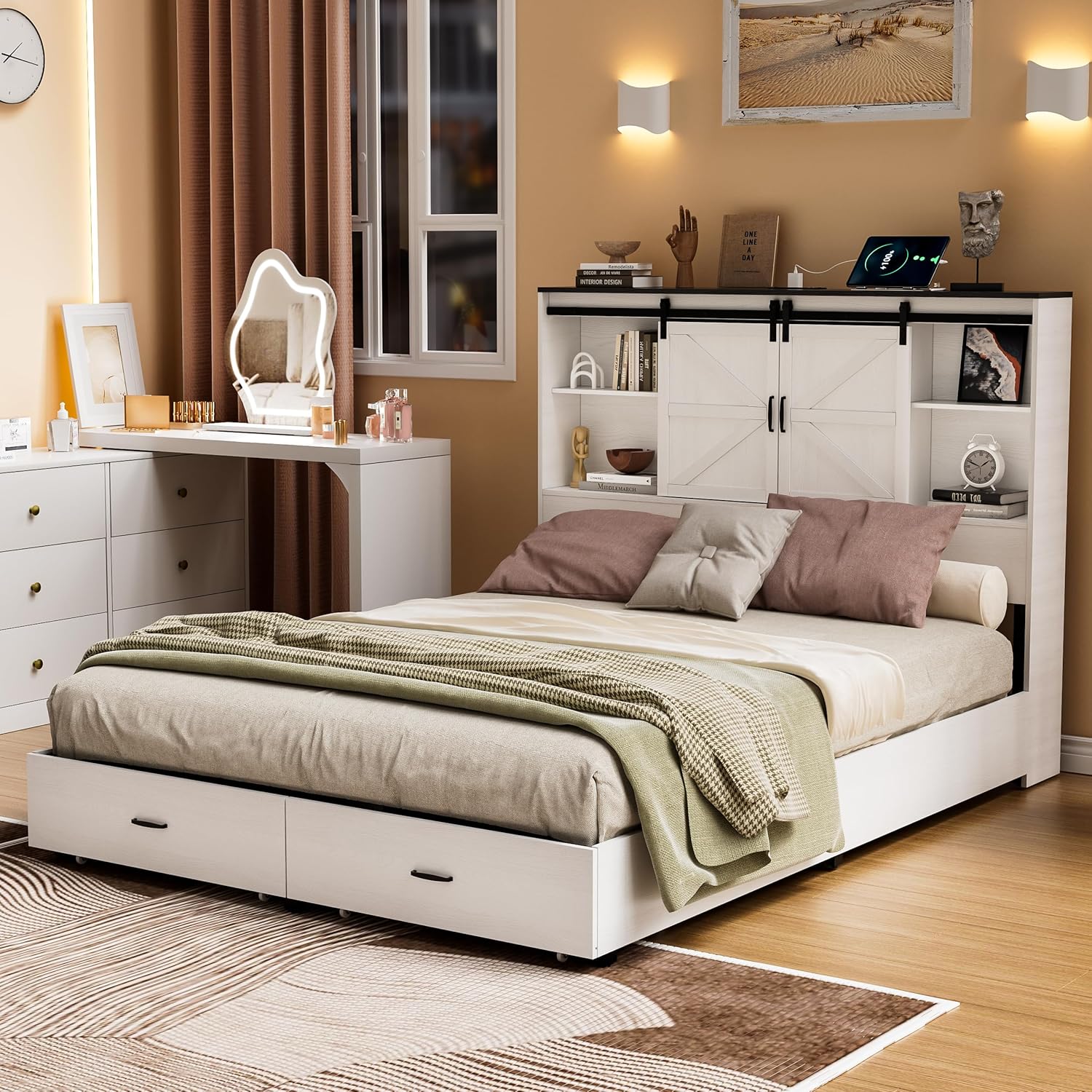 PAKASEPT TTDJ022-2WXY0418 Polishing Queen Wood Bed frame with wheels Bed with Storage