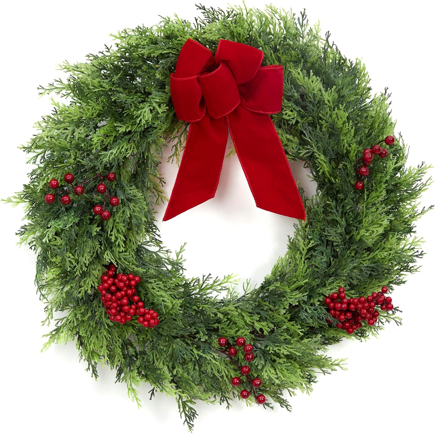 IdealHouse 24-in Christmas Wreath with Berries  Bow for Front Door Fireplace Holiday Decor