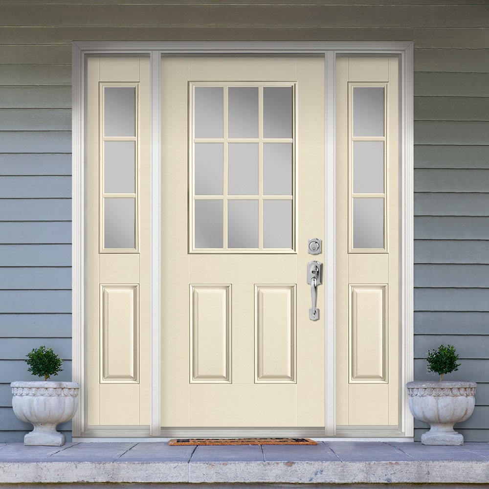 Masonite 1218781 60-in x 80-in x 4-9/16-in Fiberglass Half lite Left-hand inswing Bisque Painted Prehung Front Door with Sidelights with Brickmould Insulating core with Grilles
