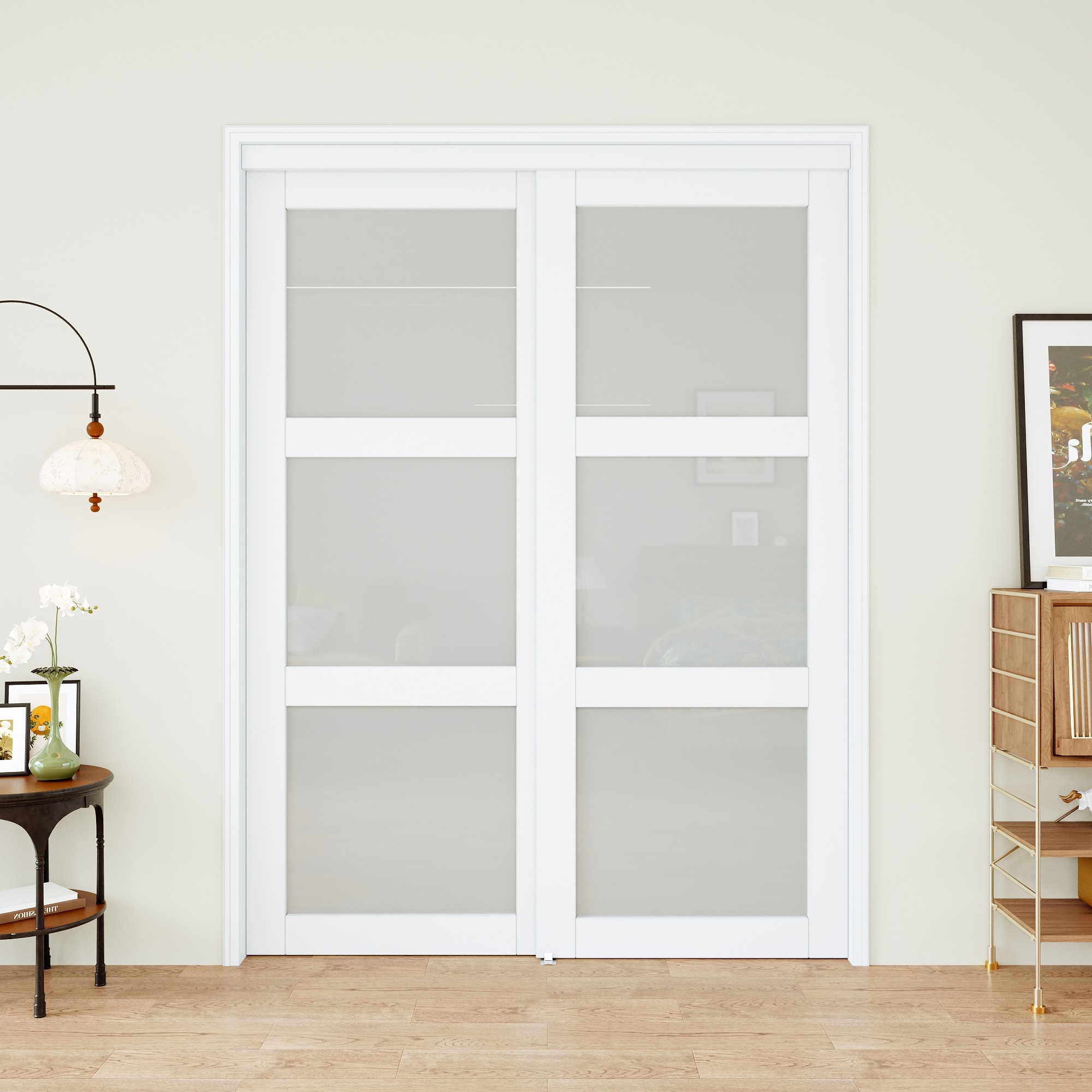 JUJUBON Closet Door White 3-panel square Frosted glass Smooth Solid core Prefinished MDF Closet Sliding Door (Hardware Included)