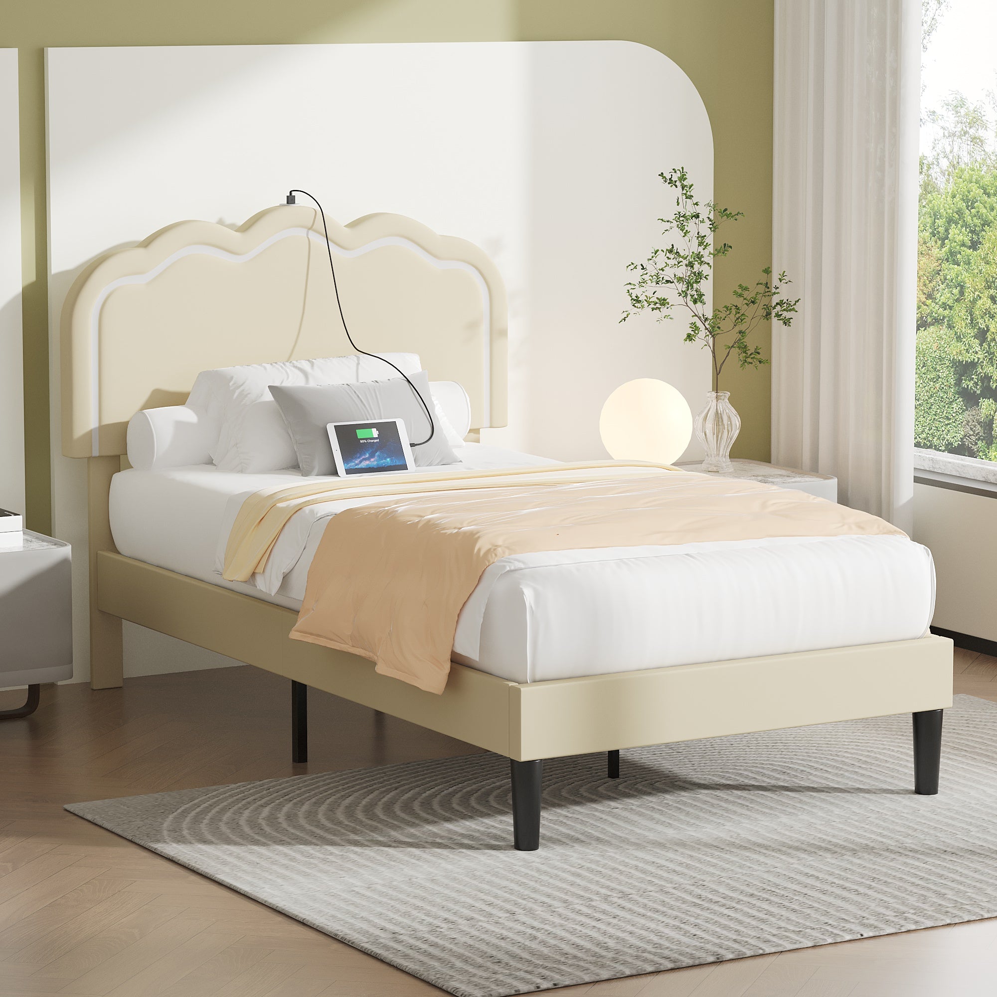 Vecelo LOE-TB10-BGE LED Upholstered Twin Bed Frame with Adjustable Headboard and Charging Station Noise Free Beige