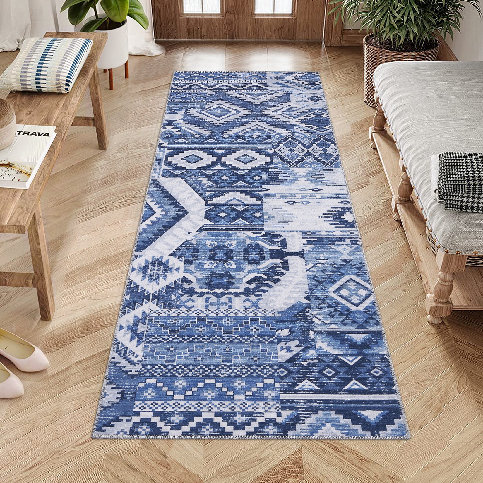 Garvee YXY-LO-PHO-0ZW17CFU 2 x 10 (ft) Loomed Polyester Blue Rectangular Indoor Abstract Vintage Machine washable Runner rug