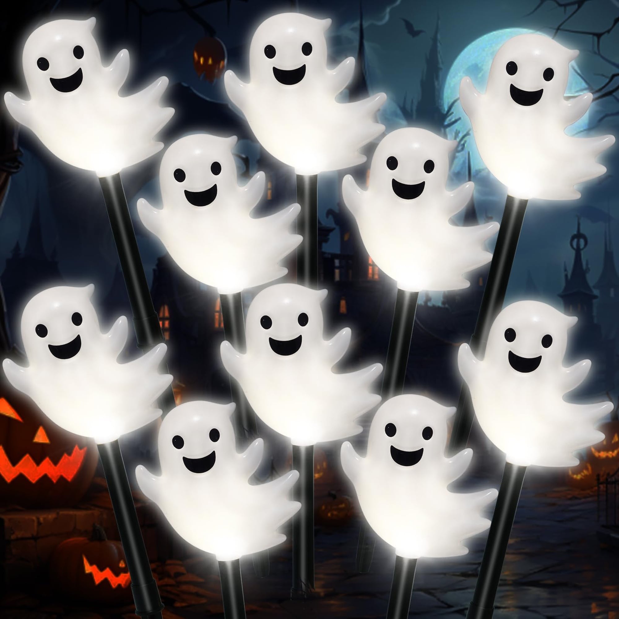 Wudkey 4 x 4 x 14 in 10-Pack Cold White Floating Ghost Solar Pathway Lights