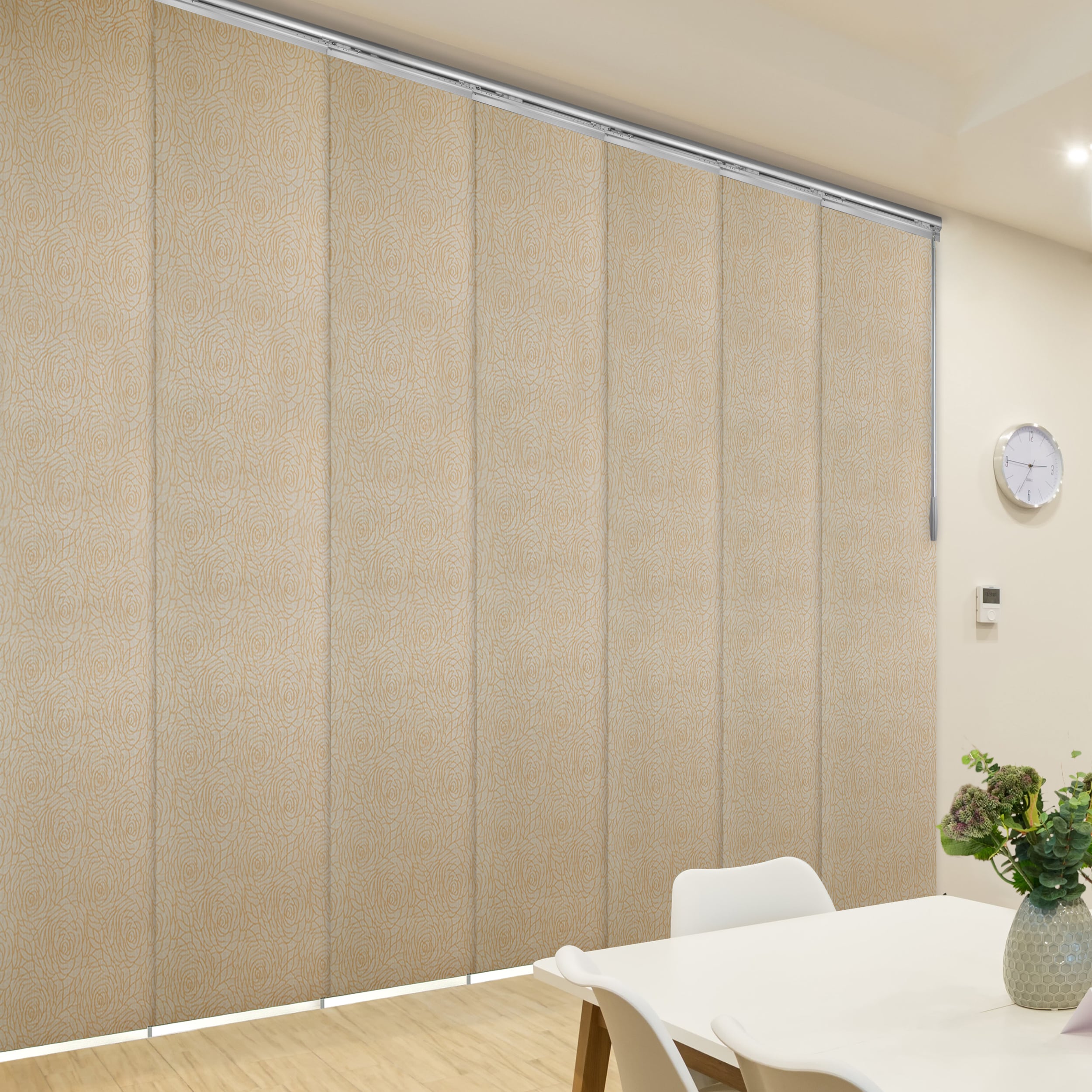 Hart & Harlow L-T24-7-7P39A Zinnia 7-panel 0.3-in Slat Width 23.5-in x 94-in Cordless Satin Nickel Aluminum Light Filtering Vertical Blinds
