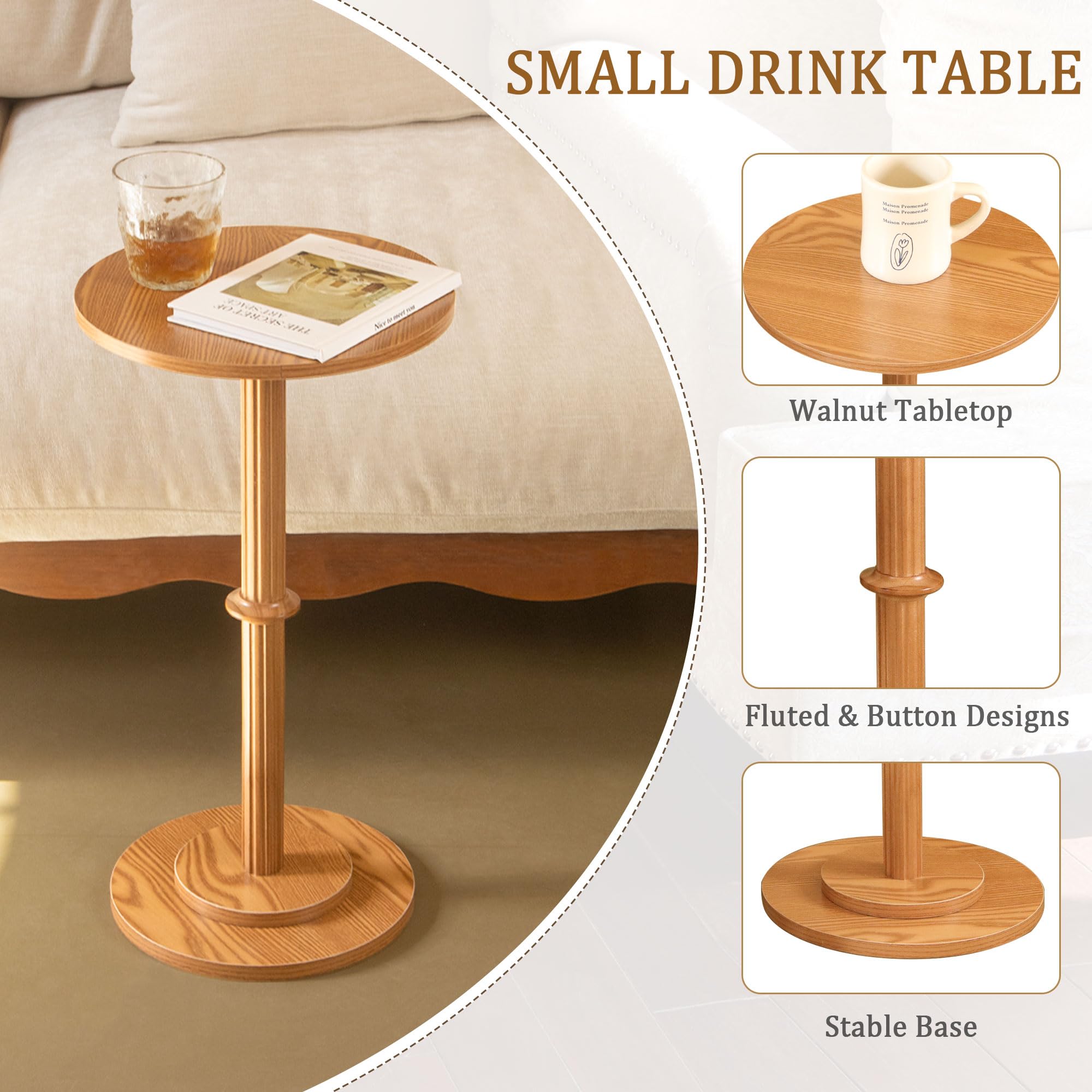 PIGFDK Brown Modern Round Drink Table Small Side Table with Fluted Wood ...