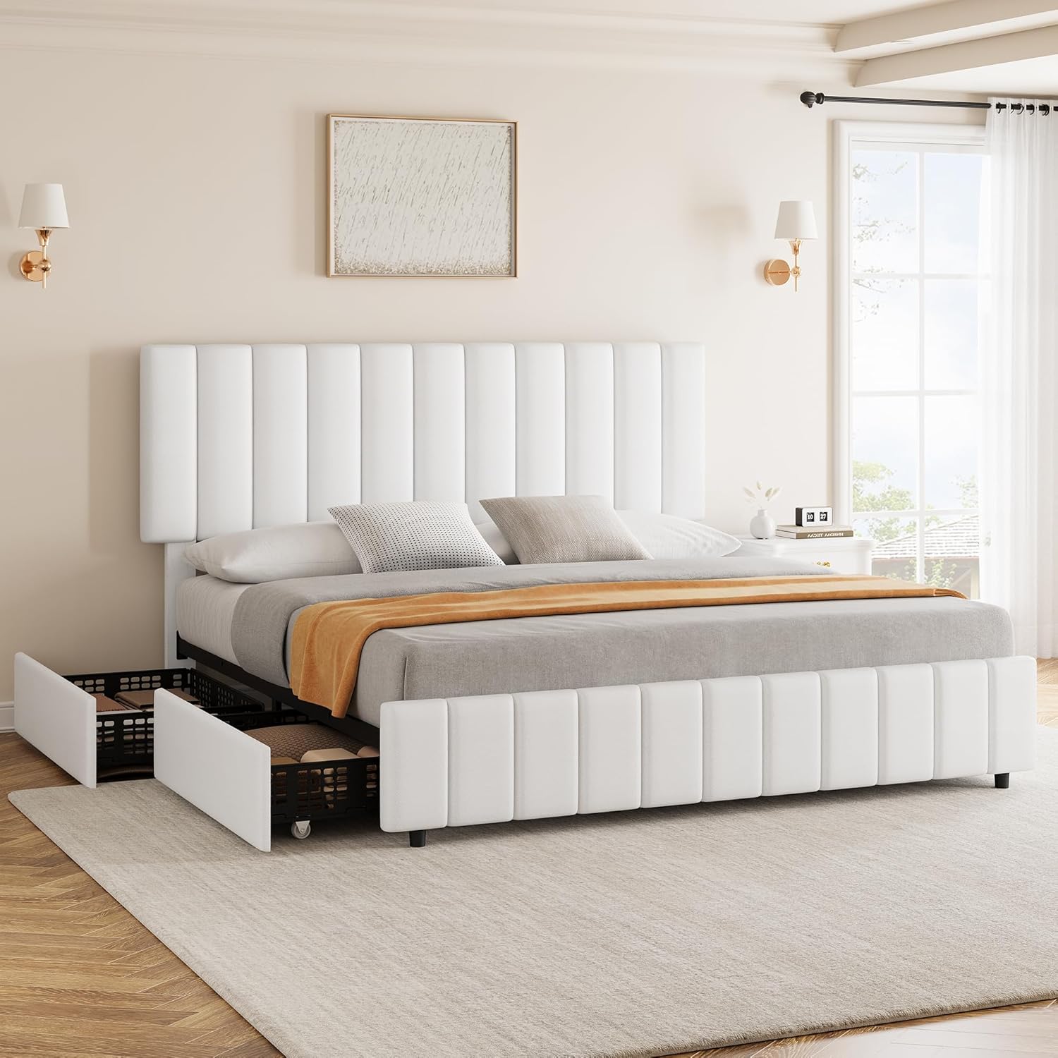 Qeetex LHF-BED-PHO-11ATA87N Queen PU Leather Upholstered Platform Bed Frame with 4 Storage Drawers Adjustable Headboard Wooden Slats Support No Box Spring Needed White
