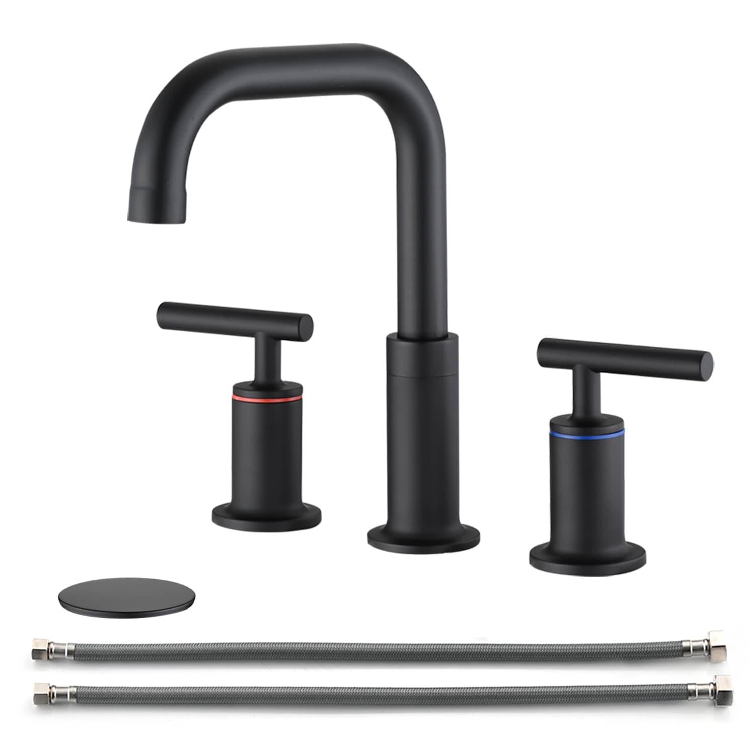 WELLFOR DTG-008BFMB Matte black Widespread 2-handle High-arc Commercial/Residential Handle Bathroom Sink Faucet with Drain