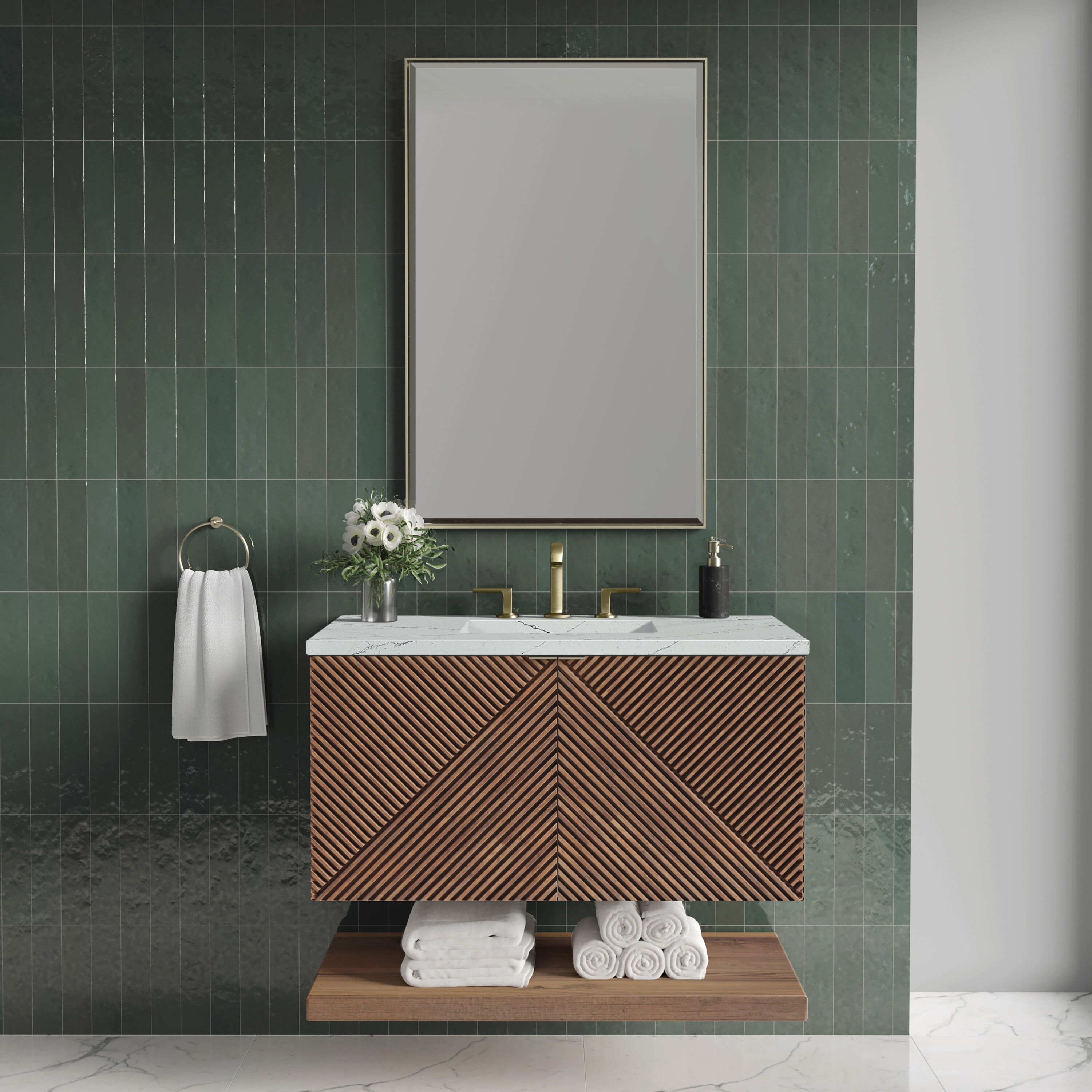 James Martin Vanities D200-V36-CSN-3ENC Marcello 36-in Chestnut Undermount Single sink Floating Bathroom Vanity with Ethereal Noctis Quartz Top
