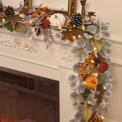 Lukvuzo 2 Pcs Six Foot Fall Garland with LED Lights Autumn Leaves Pumpkins Pinecones for Home Porch Indoor Outdoor Halloween Harvest