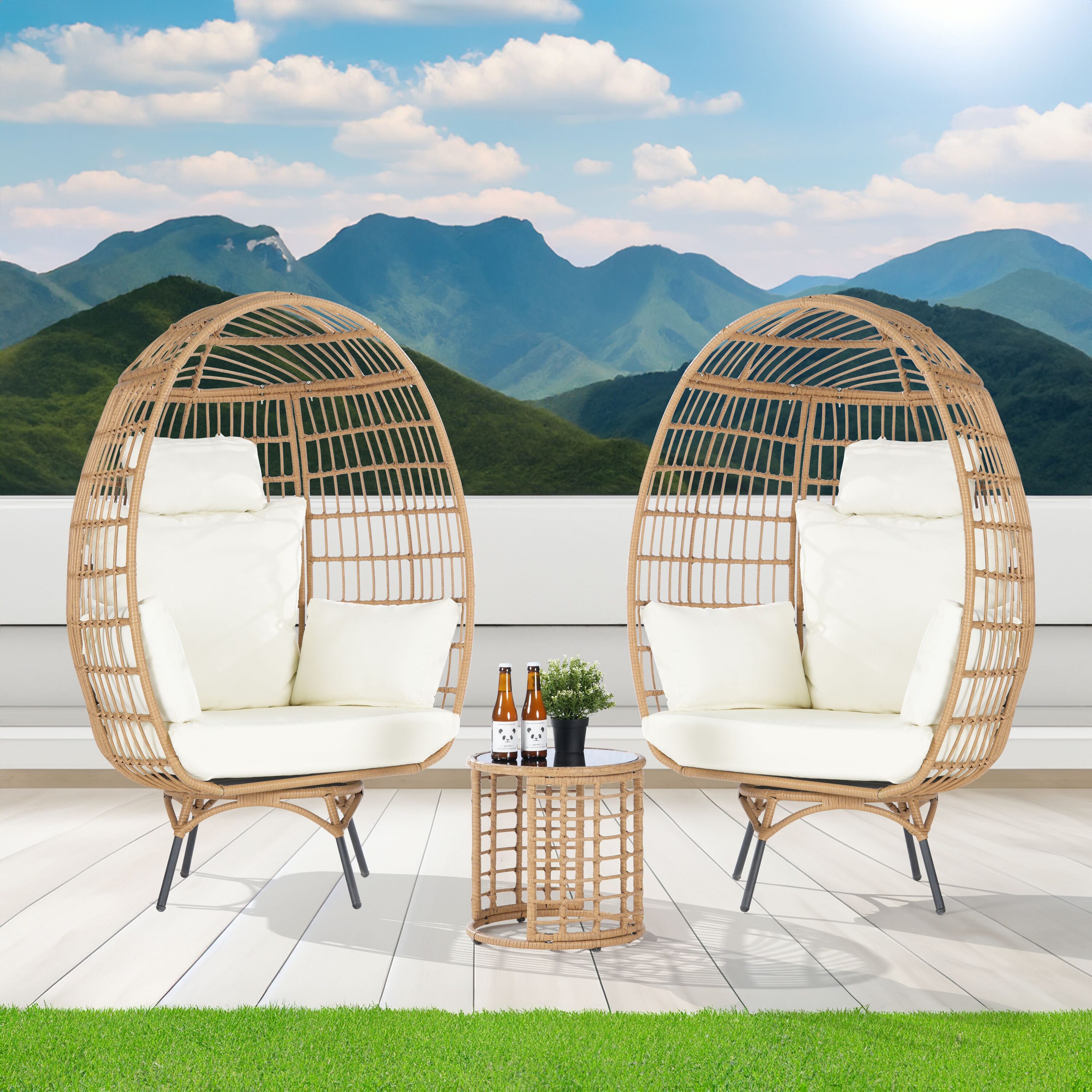 SANSTAR L-RJDC51BE-3P 3 -Piece Wicker Patio Conversation Set with Off-white Cushions