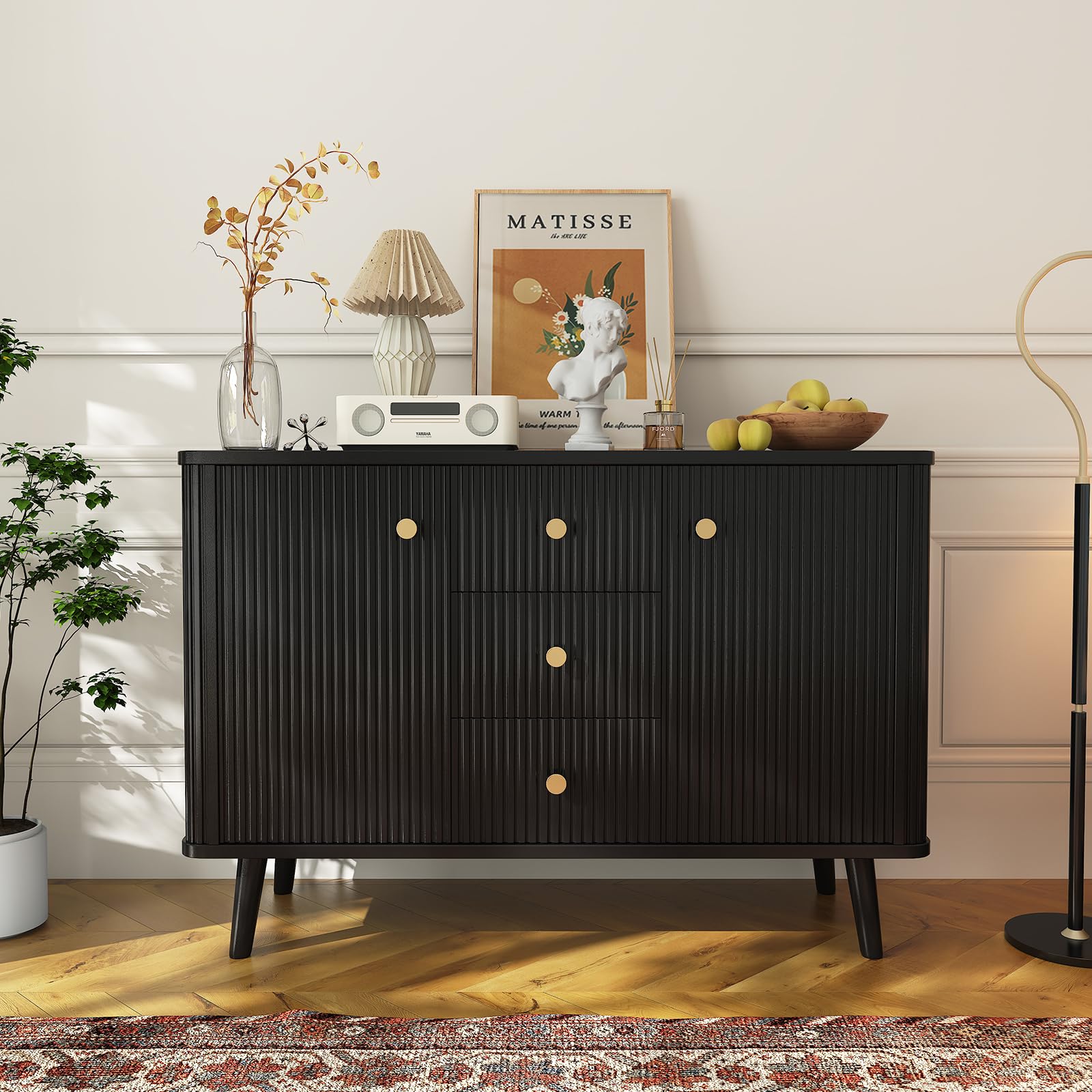 GarveeLife Black 47 Inch Modern Fluted Sideboard Cabinet 3 Drawers Slim ...