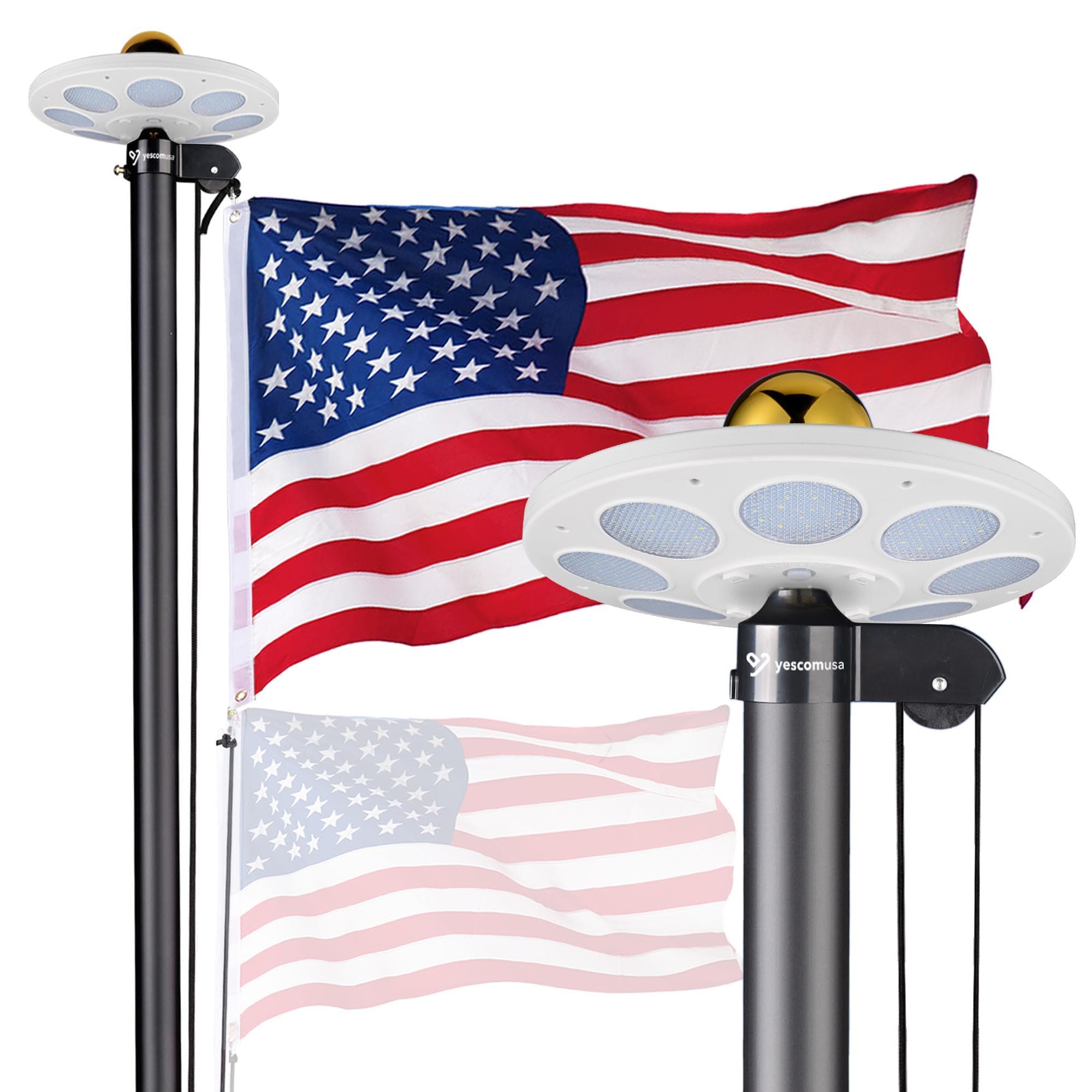 Yescom 22FLPSET031-L1-20-LO Bravery 20 FT LED Solar Light Sectional Flag Pole Kit Aluminum Outside Inground with 3 FTx5 FT USA Flag Ball Top Black