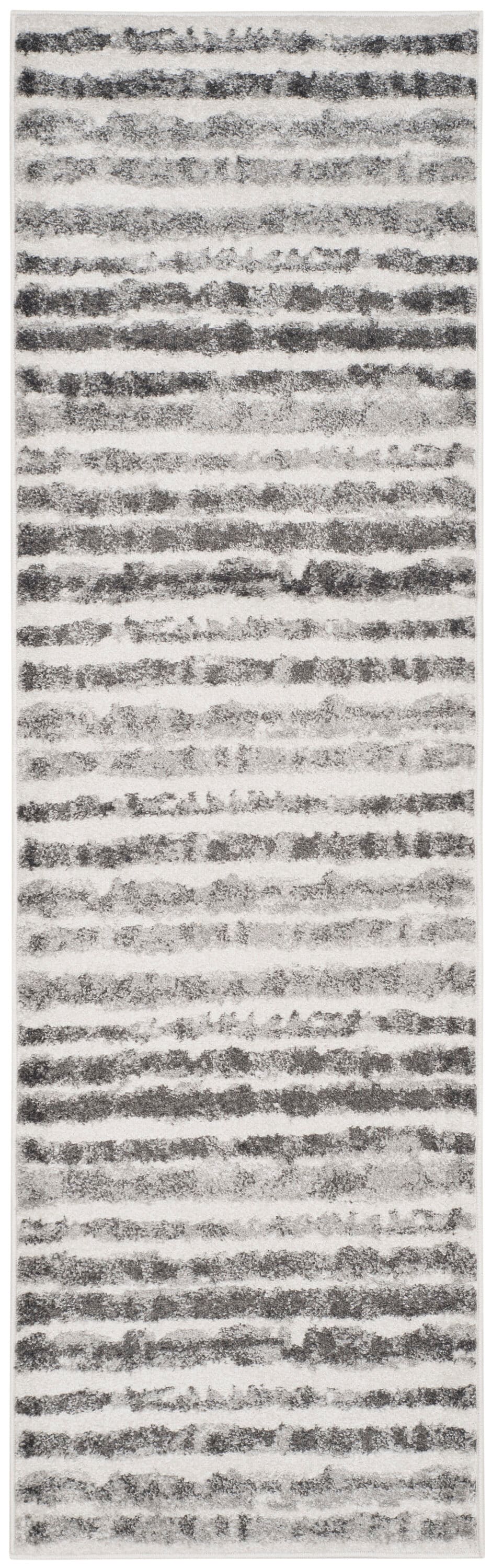 Ivory and Charcoal Striped Synthetic Modern Runner Rug
