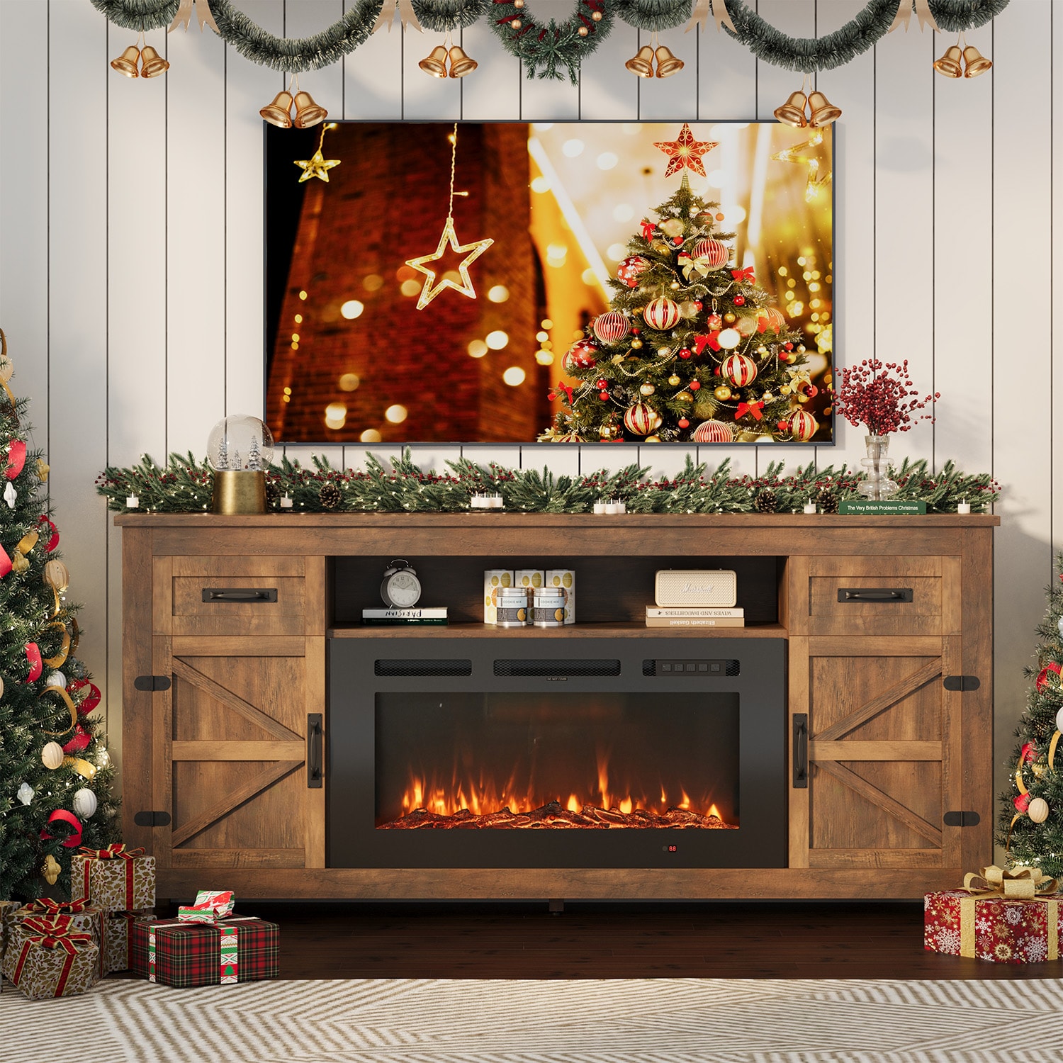 AOXUN 59-in W Gray TV Stand with LED Flat Wall Electric Fireplace