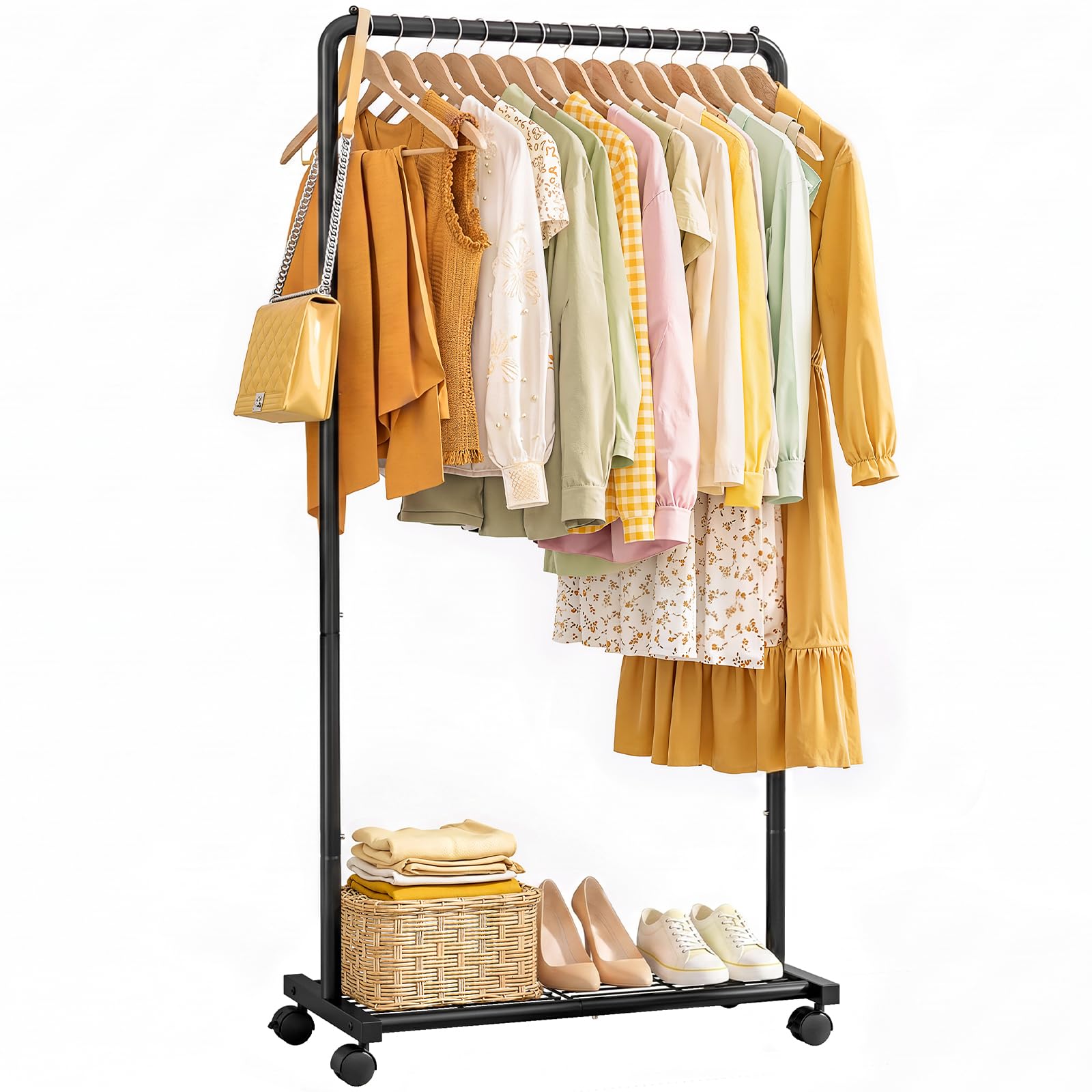 Anqtovp  Clothes Rack Heavy Duty Metal Clothing Rack with Storage Mesh Shelf and Casters for Hanging Clothes Dresses Coats Large Load Capacity