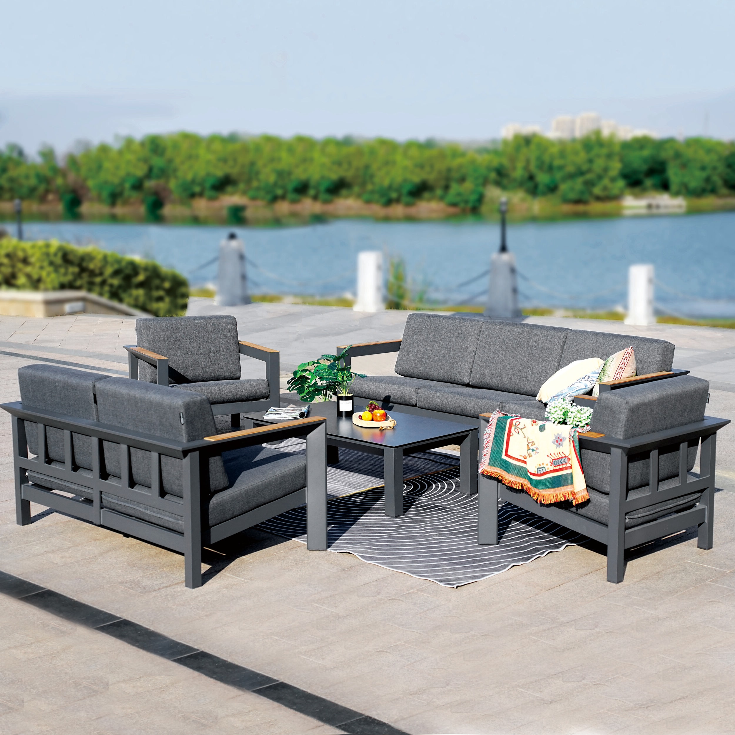Moda Furnishings MOS-2326A-GR 5 -Piece Patio Sofa Conversation Set with Gray Cushions