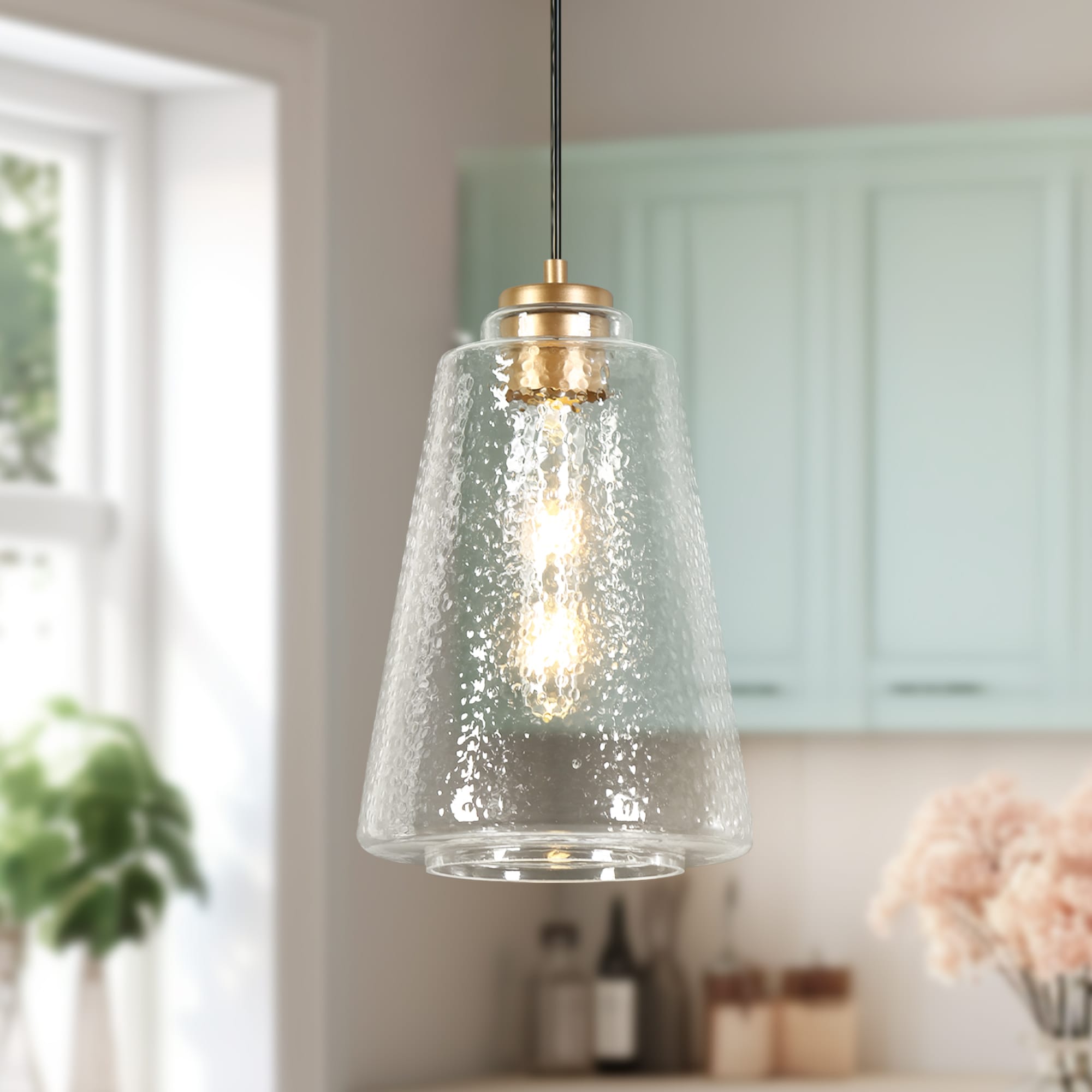 LNC Wohexiry 1 -Light Matte Gold and Hammered Glass Modern/contemporary Art glass Bell Small Hanging Pendant Light