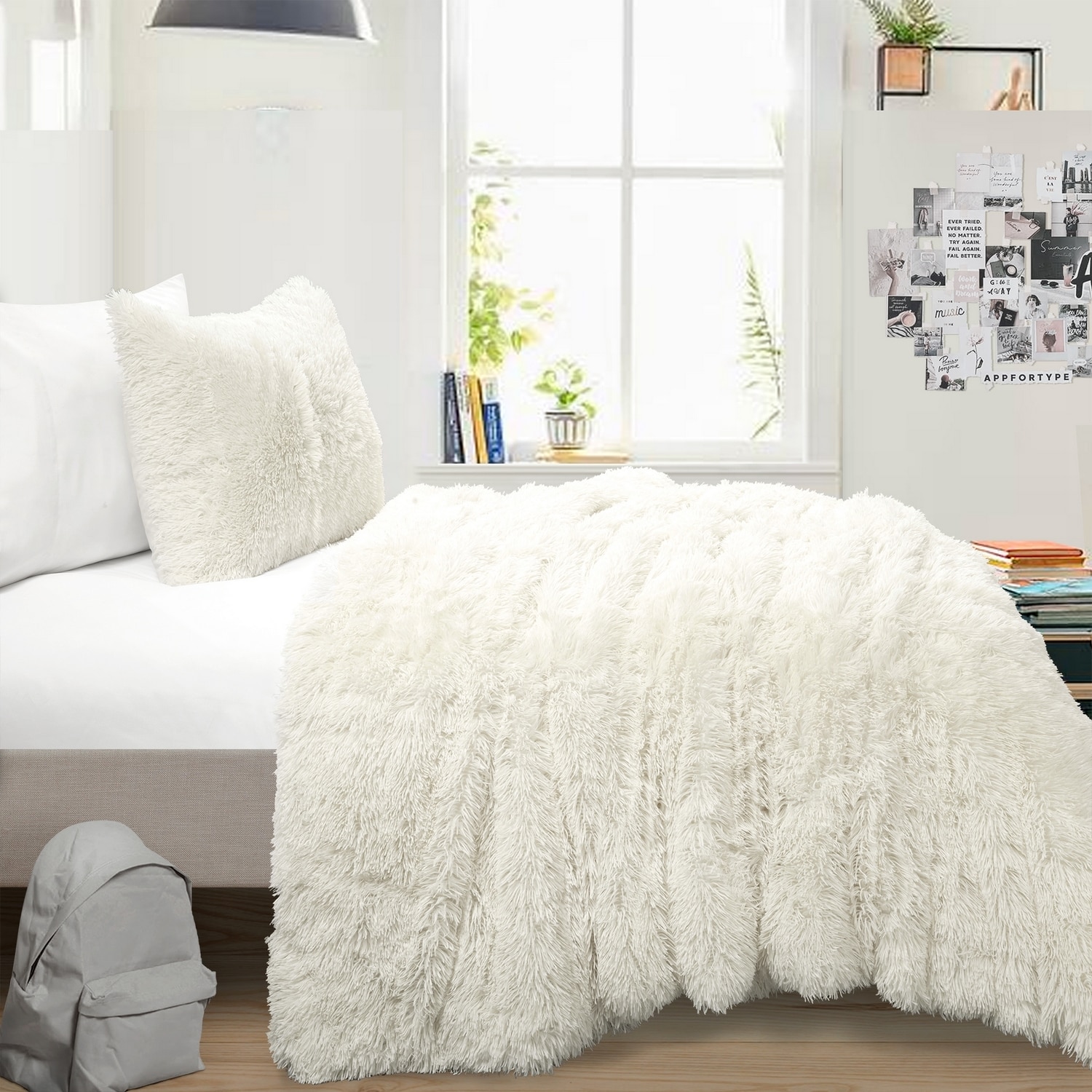Ivory Twin Faux Fur Comforter and Pillow Set