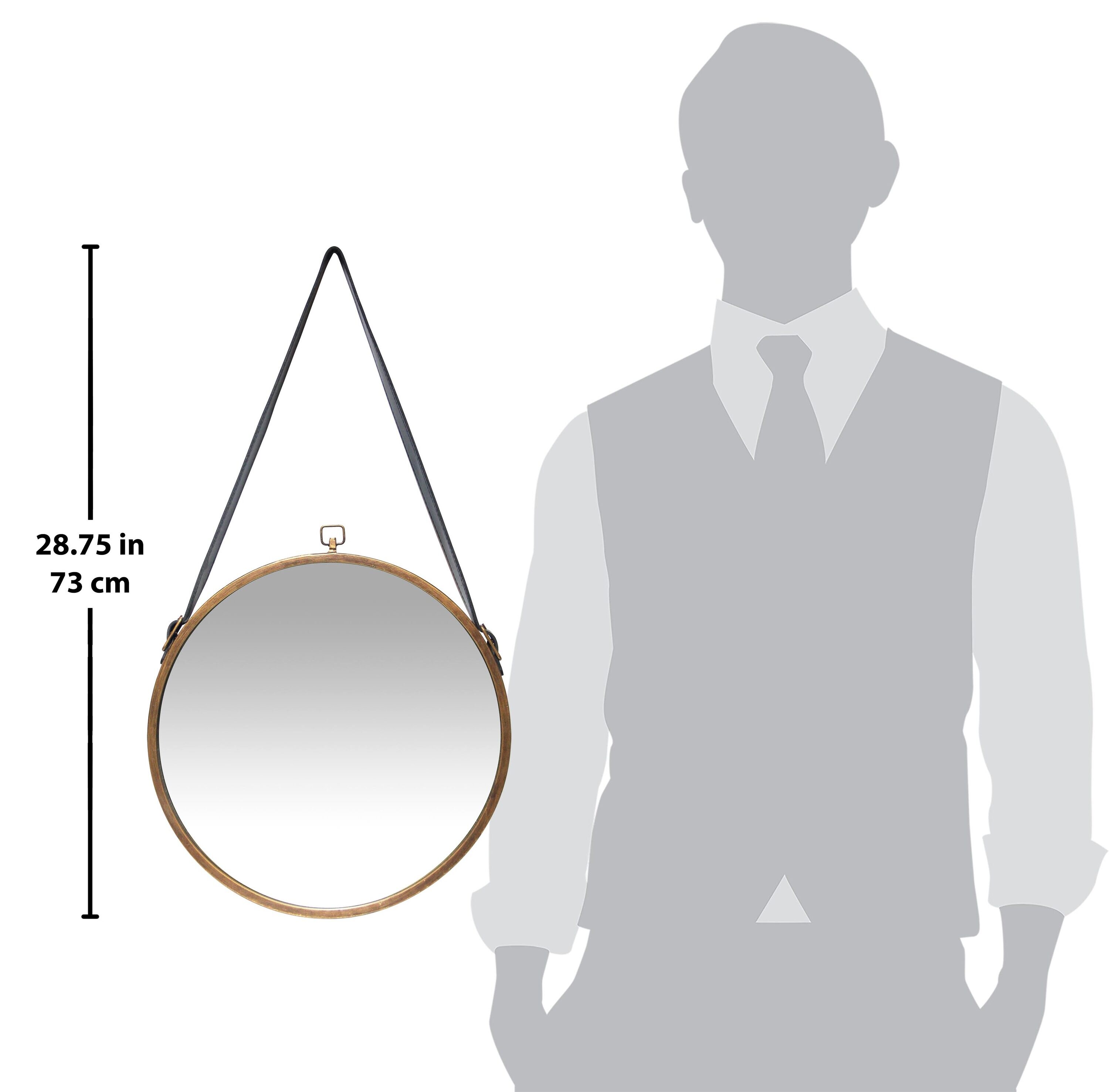Round Brass Metal Frame Mirror with Leather Strap