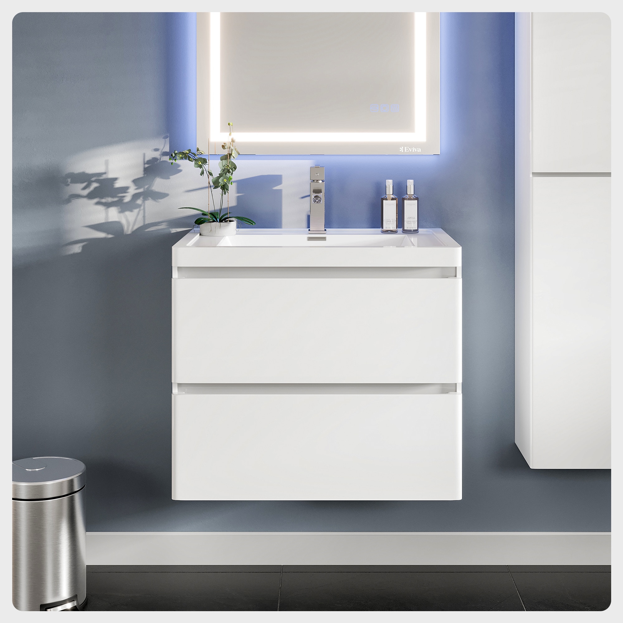 Eviva EVVN700-28WH-WM Glazzy 28-in High Gloss White Single sink Floating Bathroom Vanity with White Acrylic Top