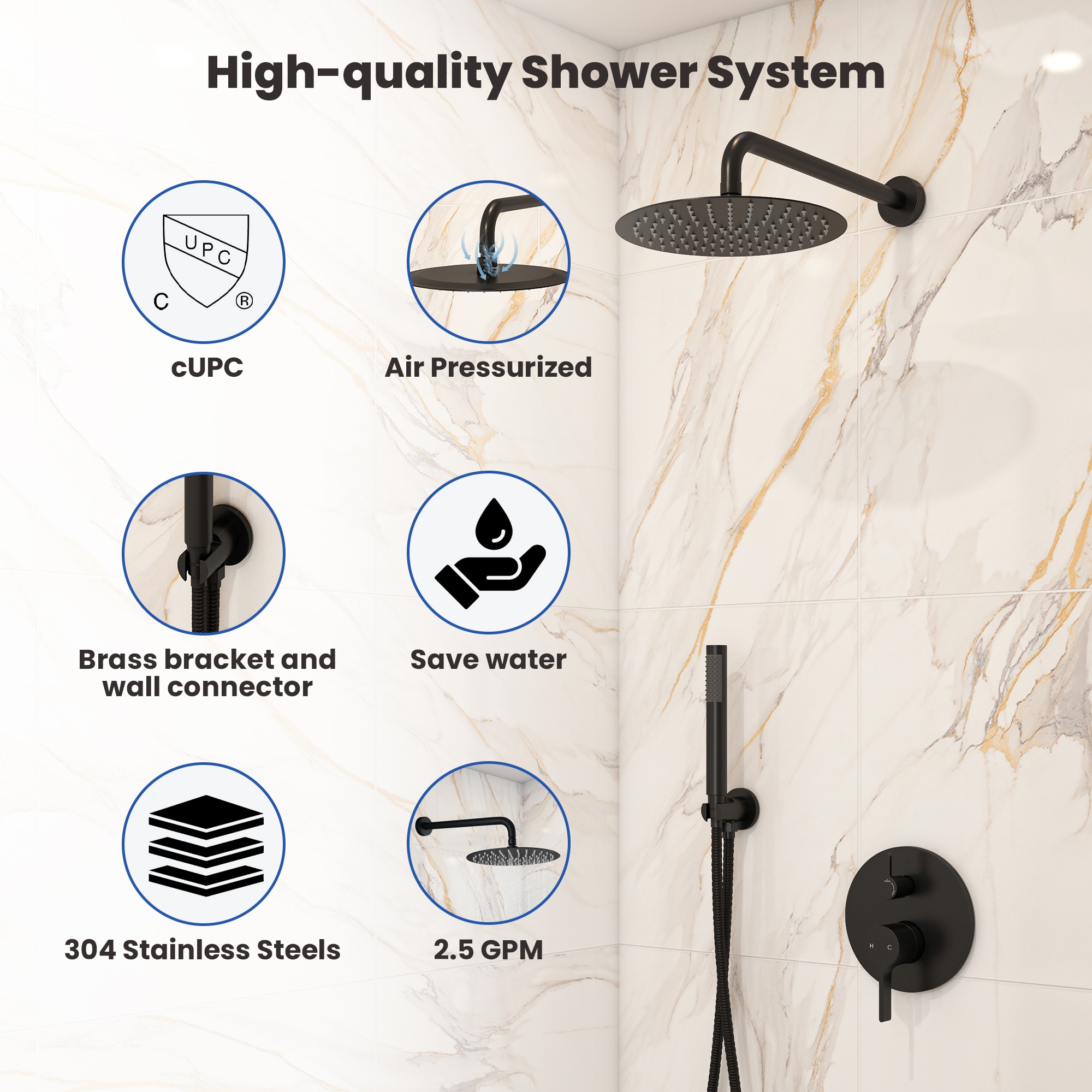Mondawe AM-S133A2C-10MB Matte Black 10-in Built-In Shower Faucet System with 2-way Diverter ( Pressure-balanced Valve Included )