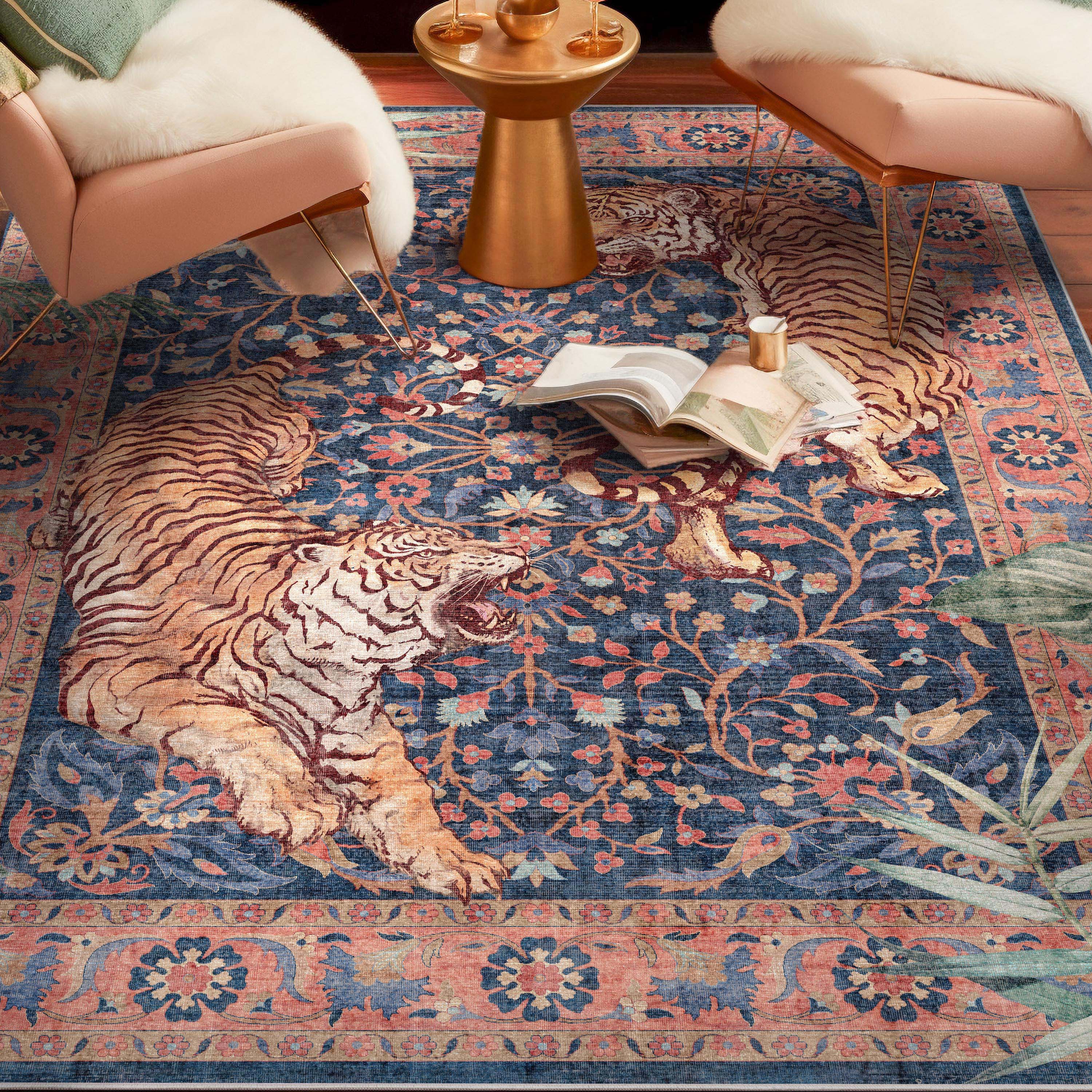 Apollo Botanical Tiger Print Navy Synthetic Area Rug 5'3" x 7'3"