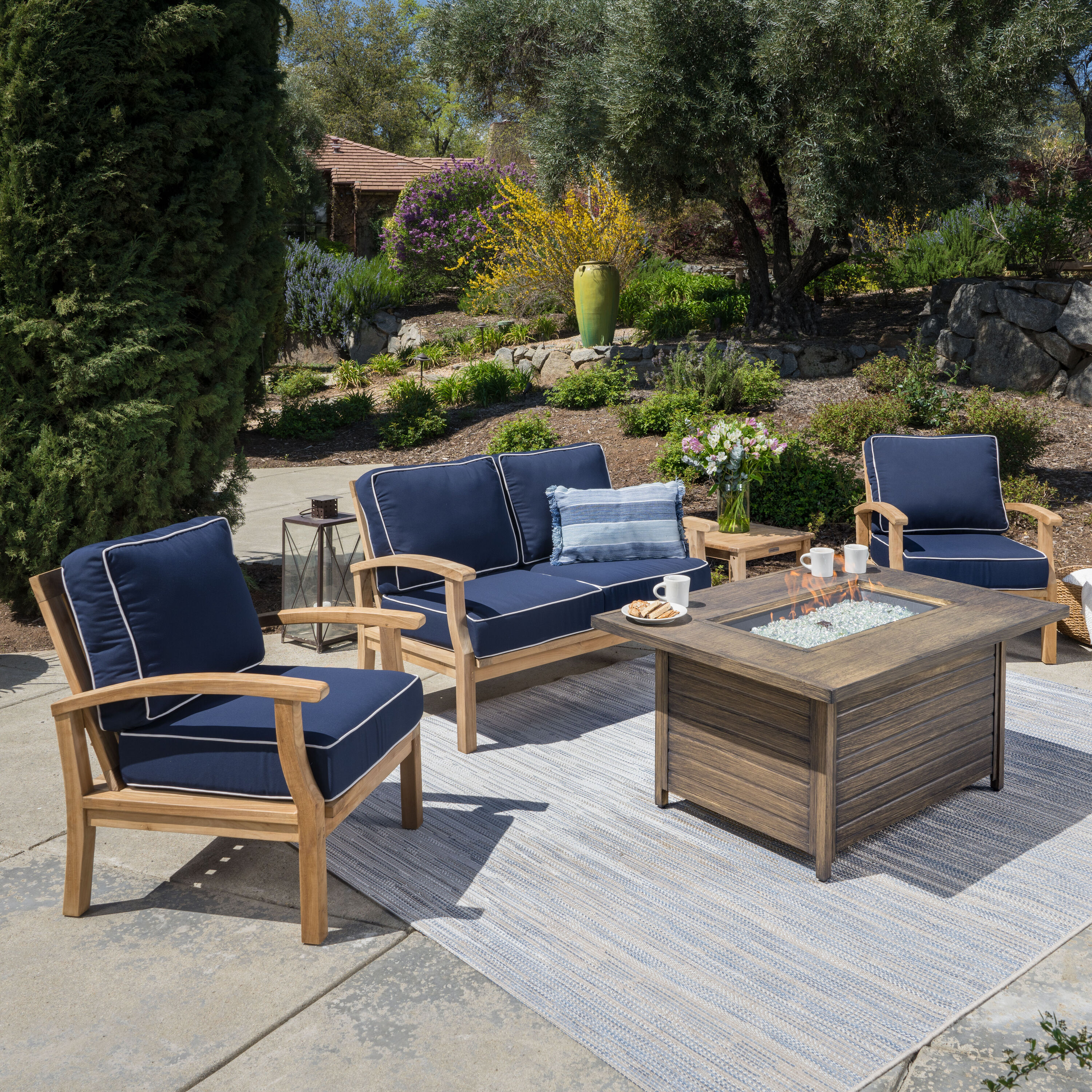 Tortuga Outdoor Indonesian Teak 5-Piece Patio Conversation Set with ...