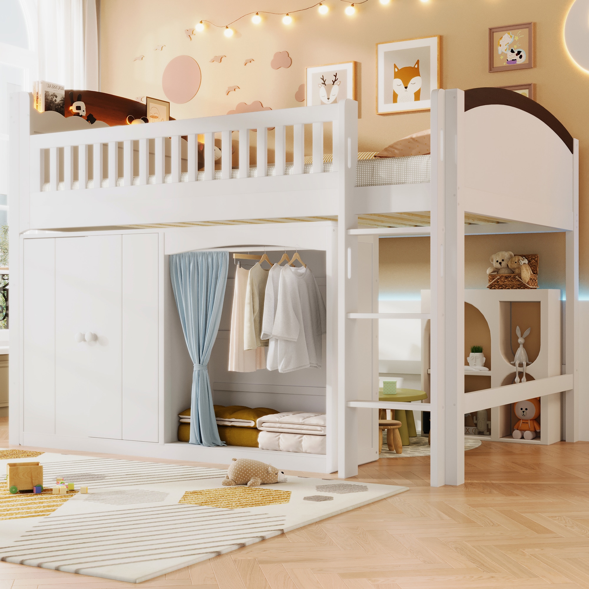 GDFStudio Twin Size Loft Bed with Storage Cabinet Wardrobe LED in White Multi-Functional Loft Bed for Kids Rooms