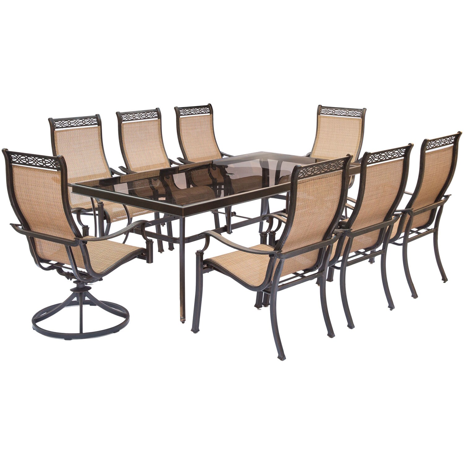 Hanover MONDN9PCSW2G Monaco 9-Piece Bronze Patio Dining Set Aluminum Rectangle Table with 8 Stationary Chairs