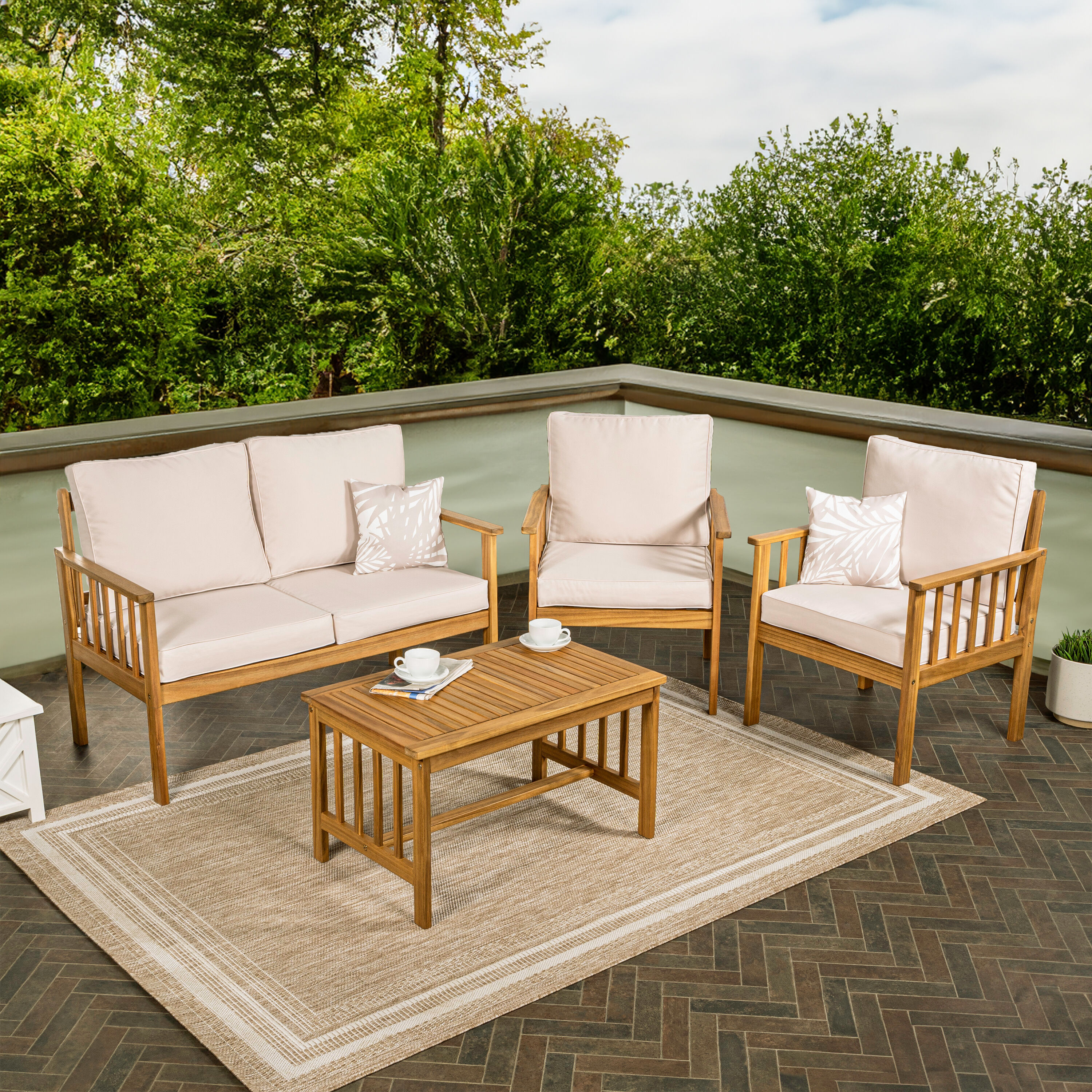 Everly 4-Piece Beige Acacia Wood Outdoor Patio Set
