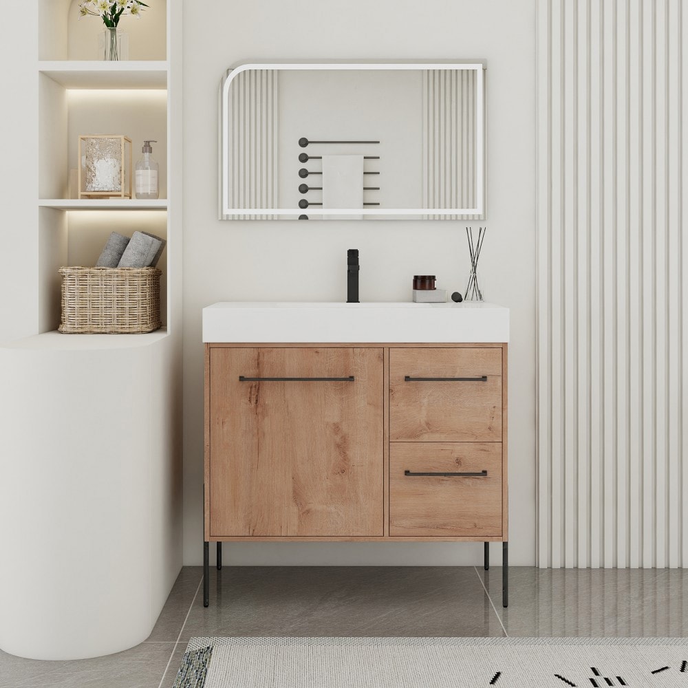 Basdien 35 in Brown Freestanding Bathroom Vanity with White Resin Sink Soft Close Cabinet Door 2 Drawers Plywood KD Packing Metal Handles Scratch Water Resistant Melamine Surface Modern Style Easy Assembly for Bathroom Storage Organization Set