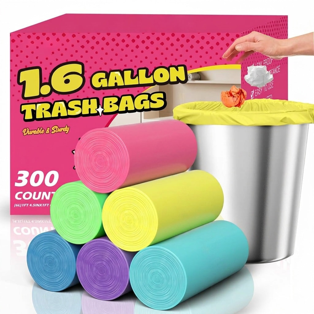 Adrinfly  300 pack 1 6 gallon mini trash bags colored small garbage bags unscented leakproof tear resistant for bathroom office dorm car