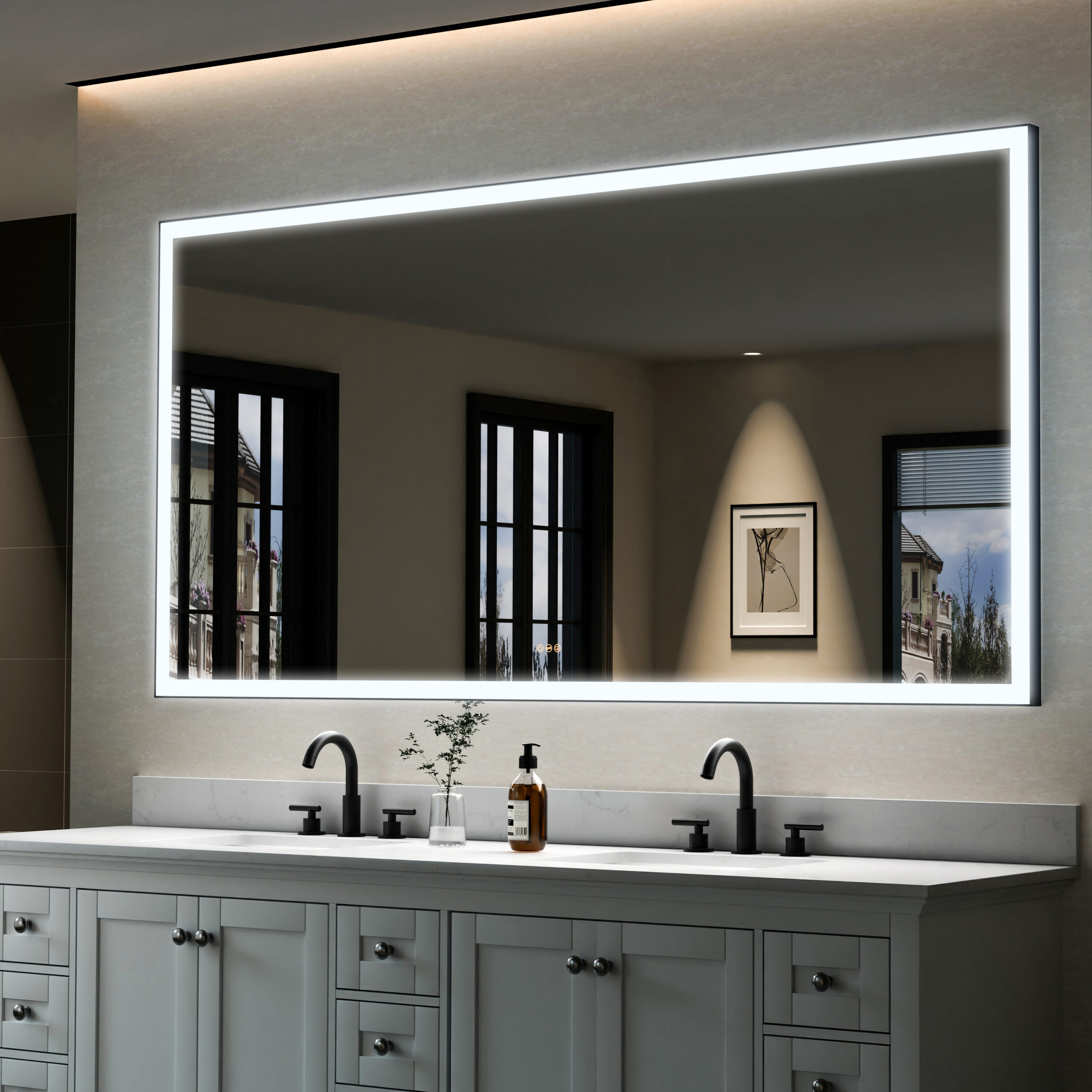 WELLFOR W5FM8442MB RECA Framed LED Mirror 84-in x 42-in Framed Rectangle Dimmable LED Lighted Fog Free Bathroom Vanity Mirror ( Matte Black )