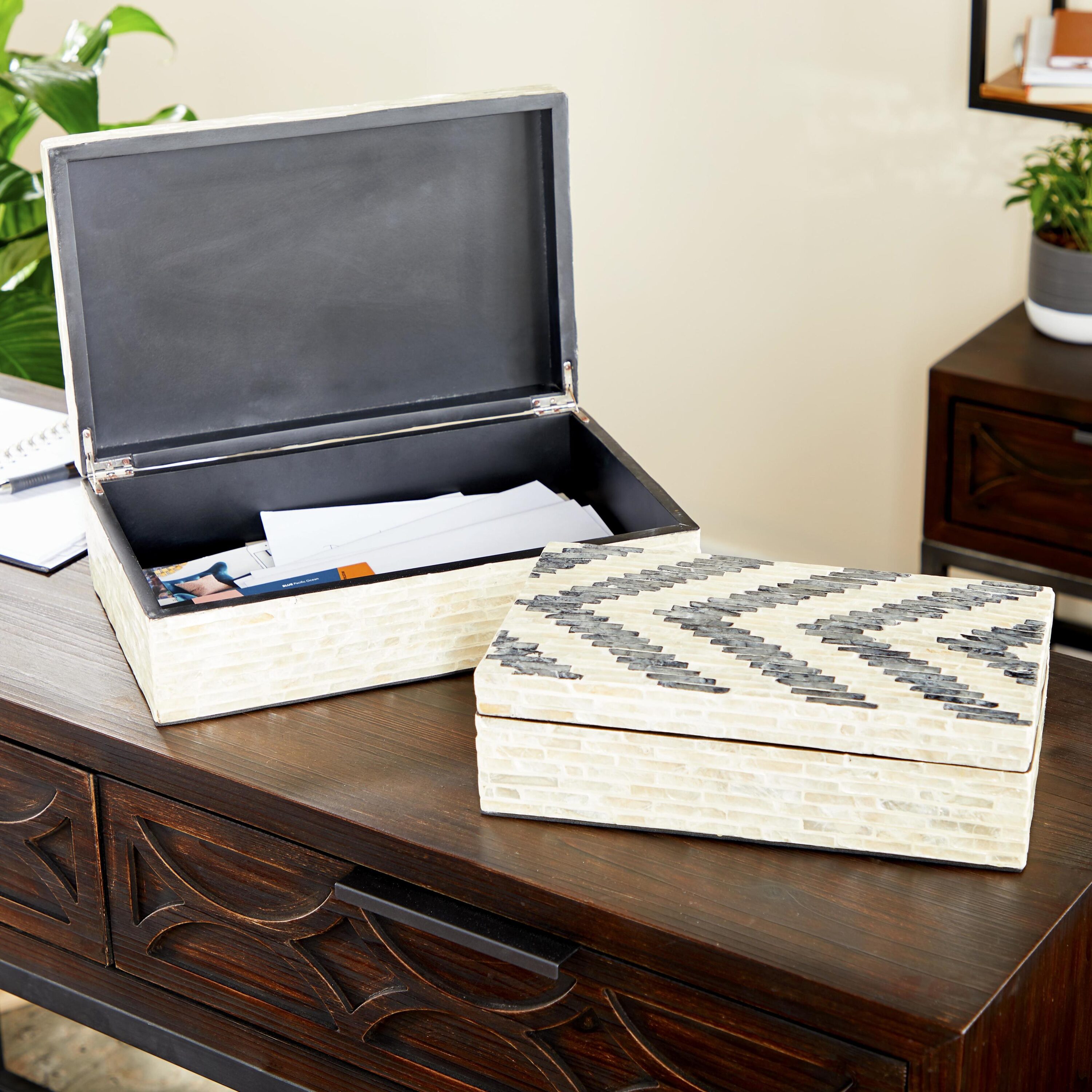 Cream Chevron Pattern Mother of Pearl Decorative Box Set, 14" and 12"