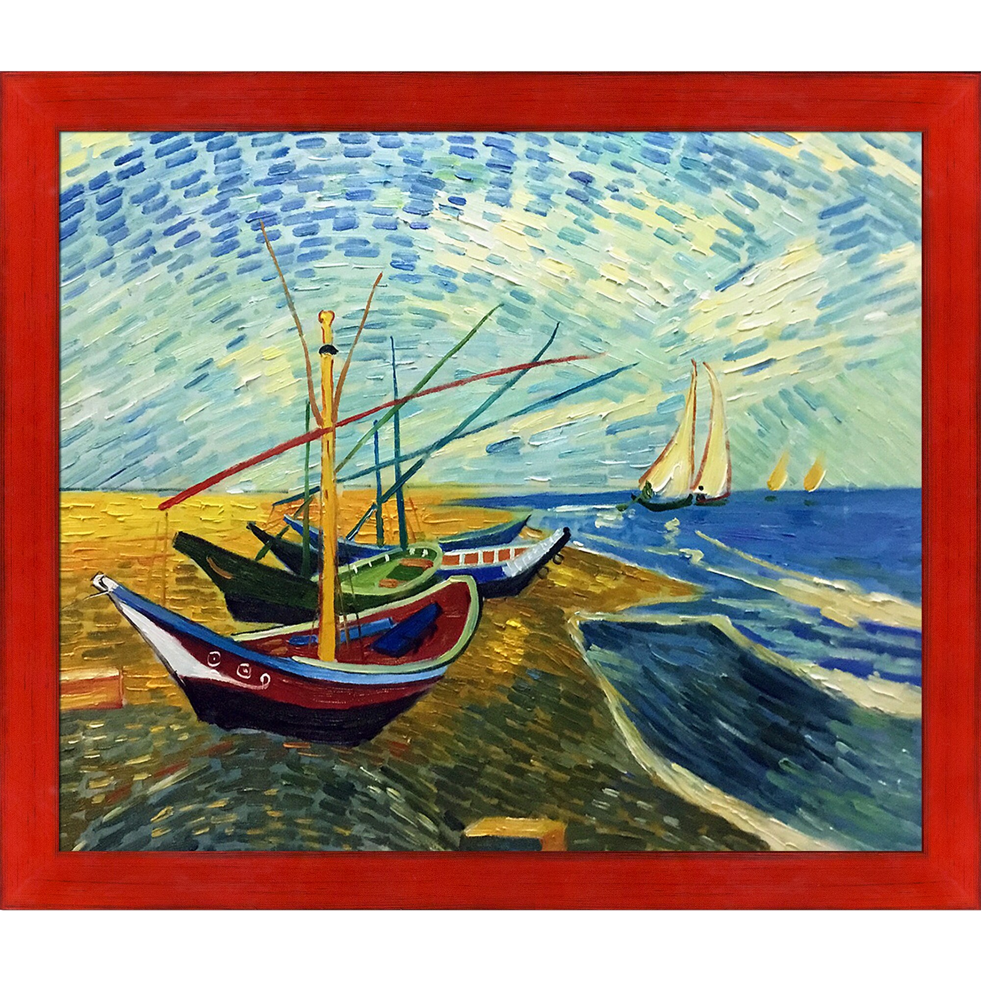 La Pastiche 688576808826 Fishing Boats on the Beach at Saintes-Maries Vincent Van Gogh Black/Red Wood Framed 23.5-Inches H x 27.5-Inches W Coastal Canvas Hand-Painted Painting