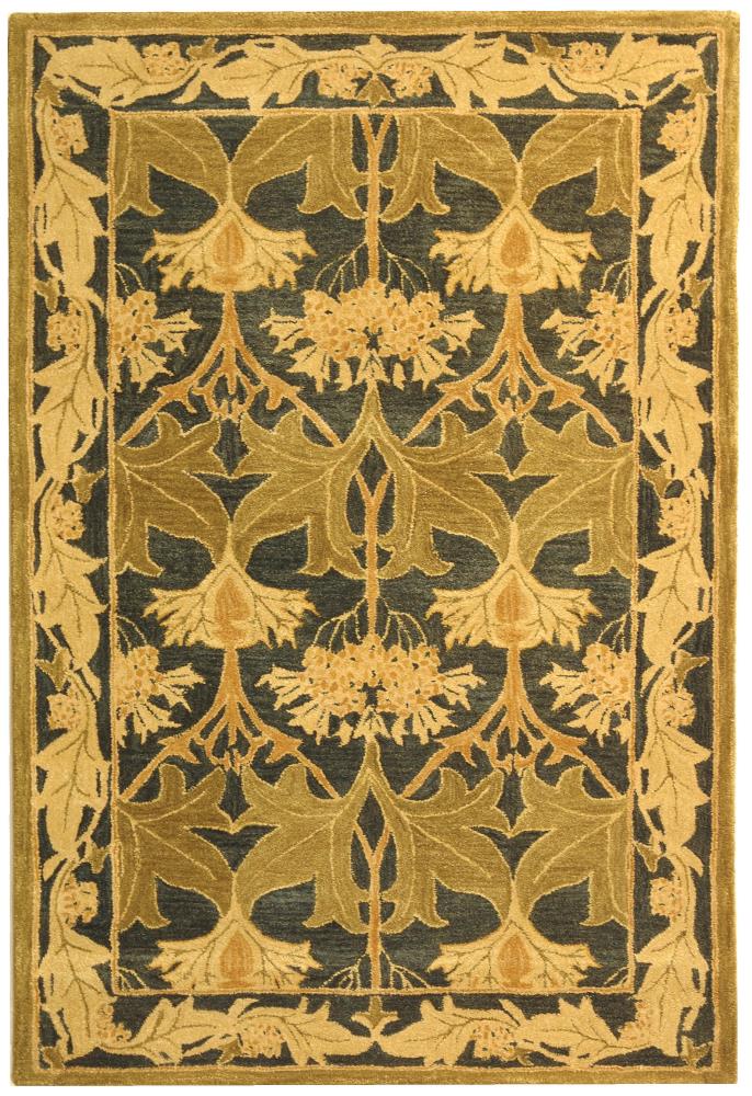 Navy and Sage Floral Wool Tufted Area Rug, 5' x 8'