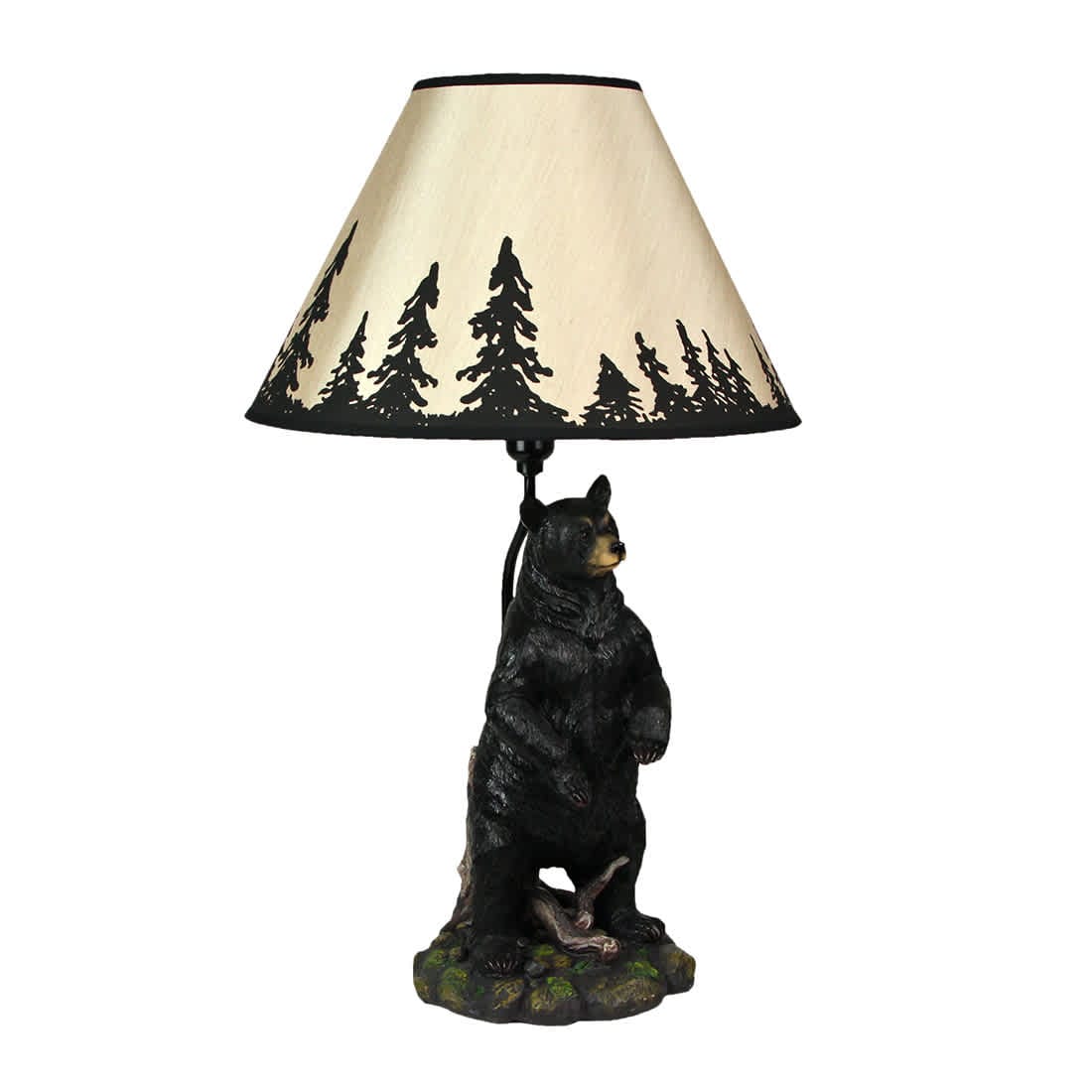 Zeckos 97408 Arkadius Rustic Black Bear Resin 24 Inch Table Lamp with Forest Silhouette Shade Wildlife Cabin Decor Whimsical End Table Decorative Light 24 Inches High