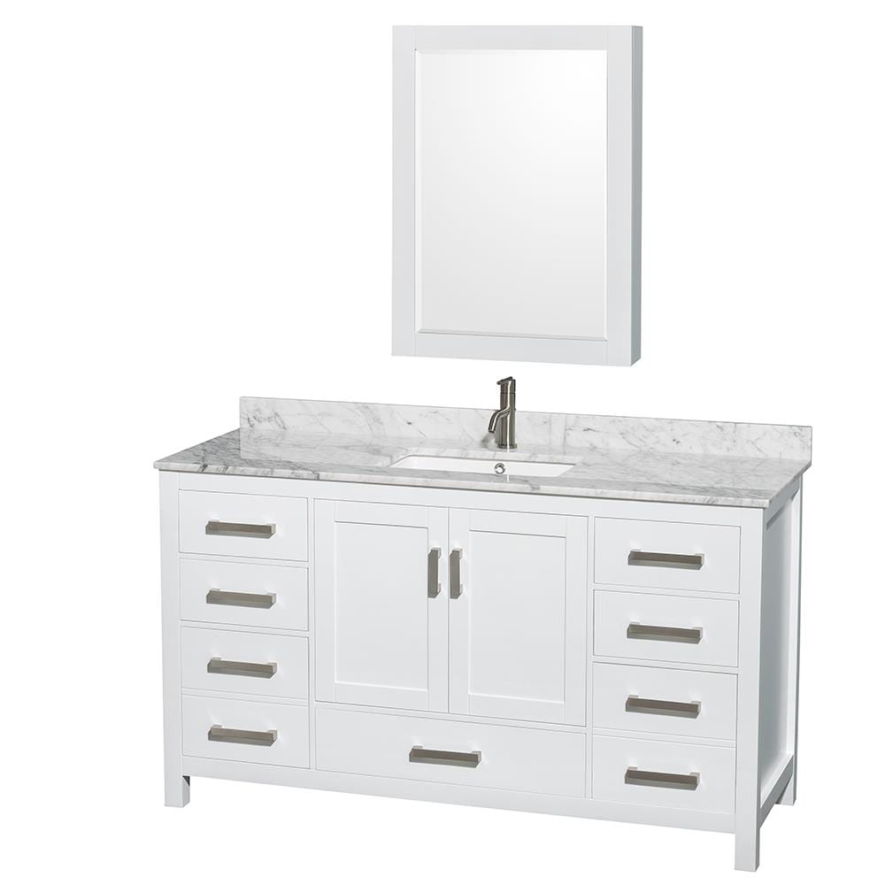 Wyndham Collection WCS141460SWHCMUNSMED Sheffield 60-in White with Brushed Chrome Trim Undermount Single Sink Bathroom Vanity with White Carrara Natural Marble Top (Mirror Included)