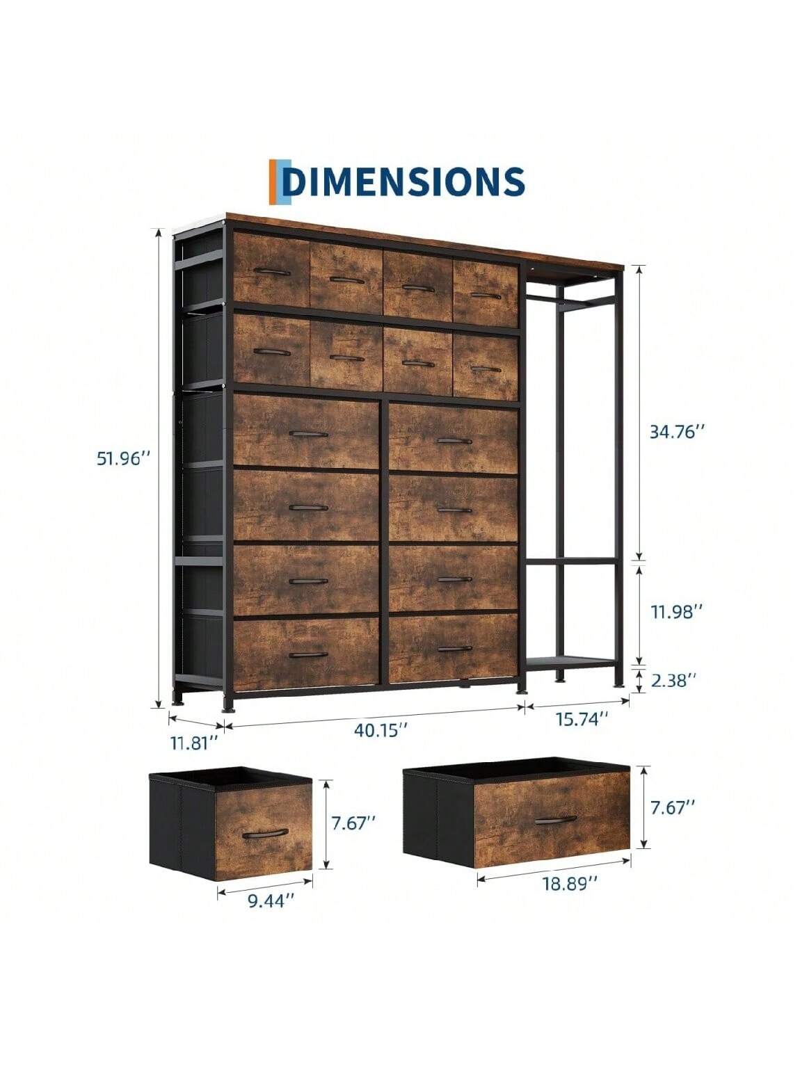 Qeetex Large Clothes Storage Rack 16 Drawer and 2 Tier Shelves