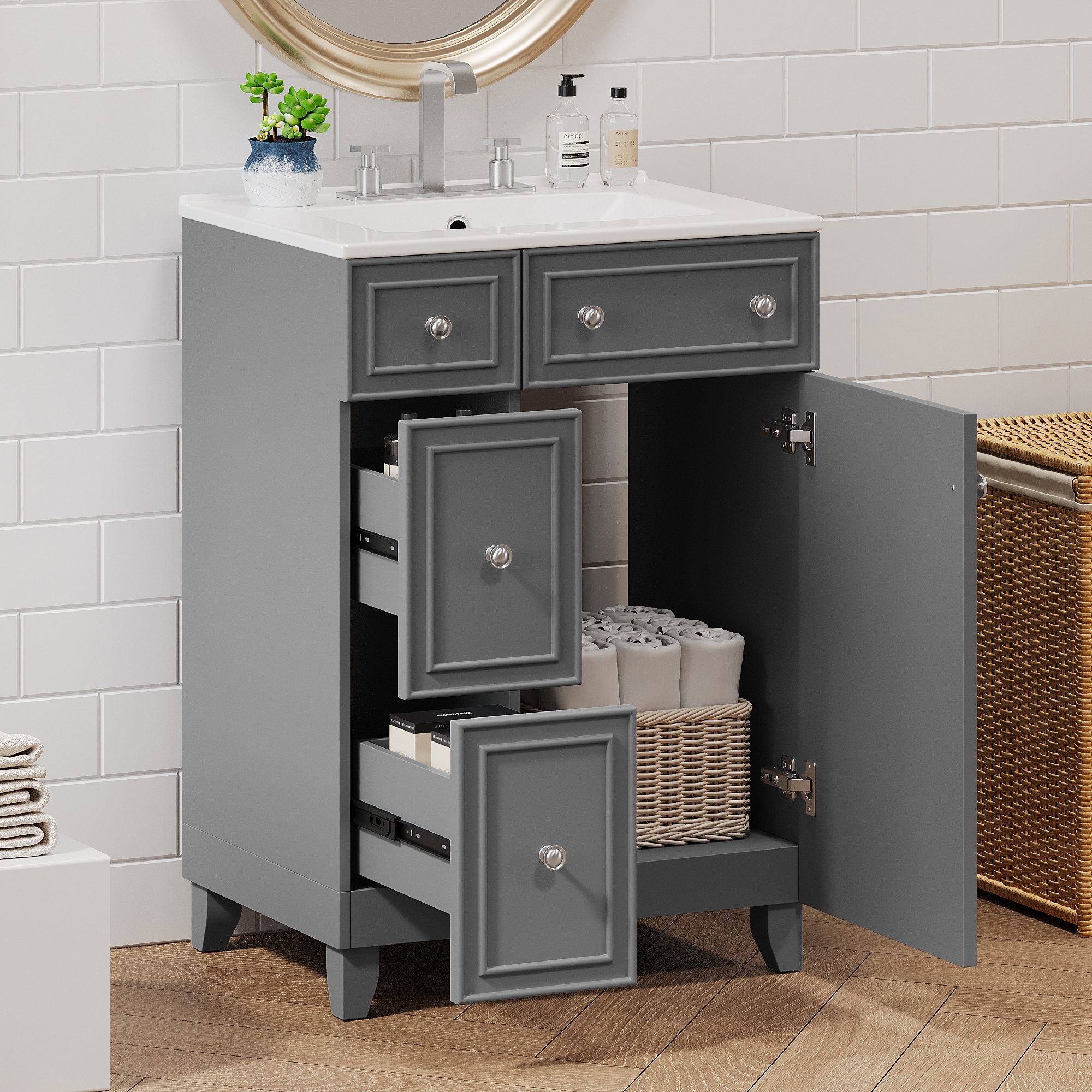 Tahanbath XJ 24inches Gray Bathroom Vanity Cabinet with Ceramic Sink 2 Drawers 1 Soft-Close Door