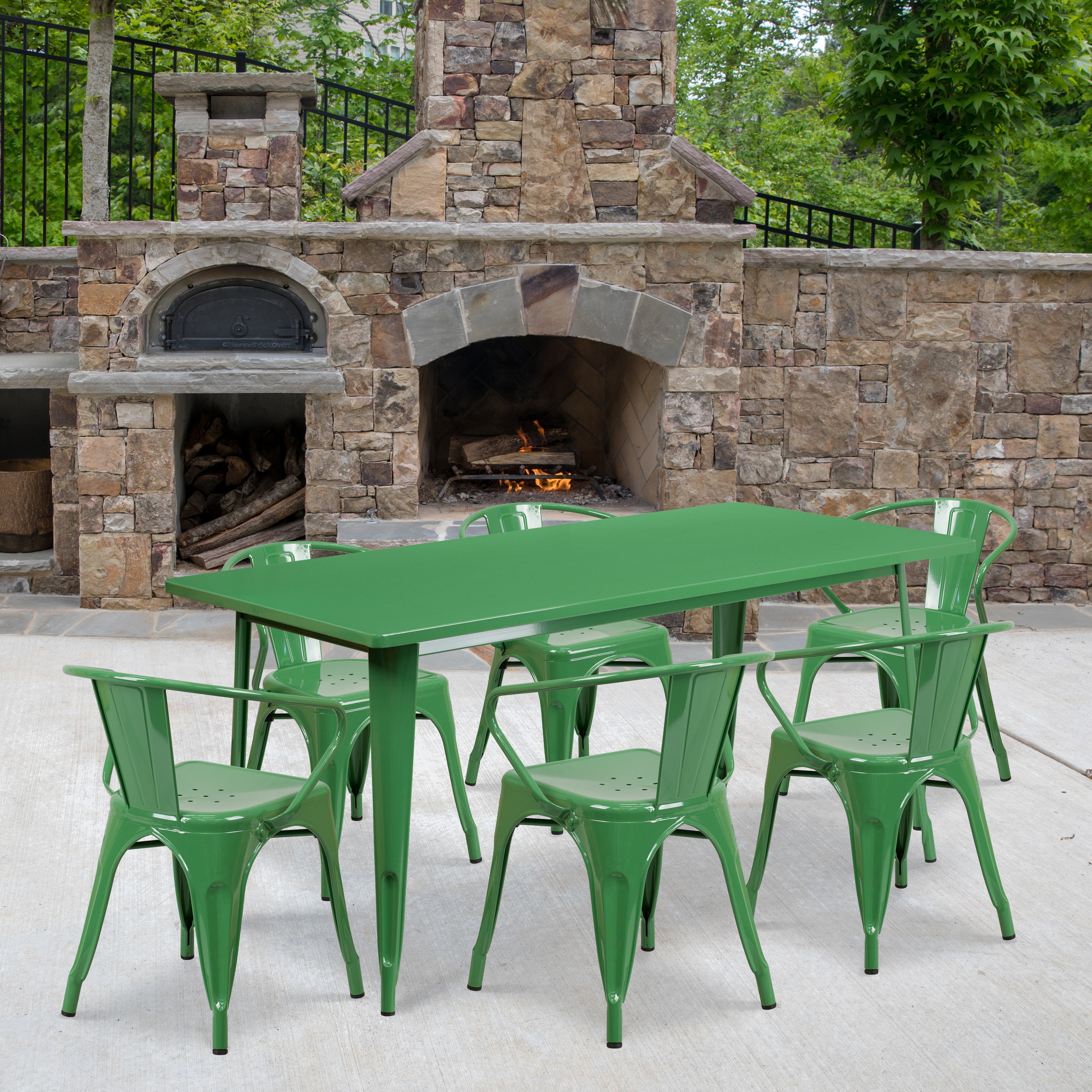 Flash Furniture 889142049555 Oakley Commercial Grade 31.5-in x 63-in Rectangular Green Metal Indoor-Outdoor Table Set with 6 Arm Chairs