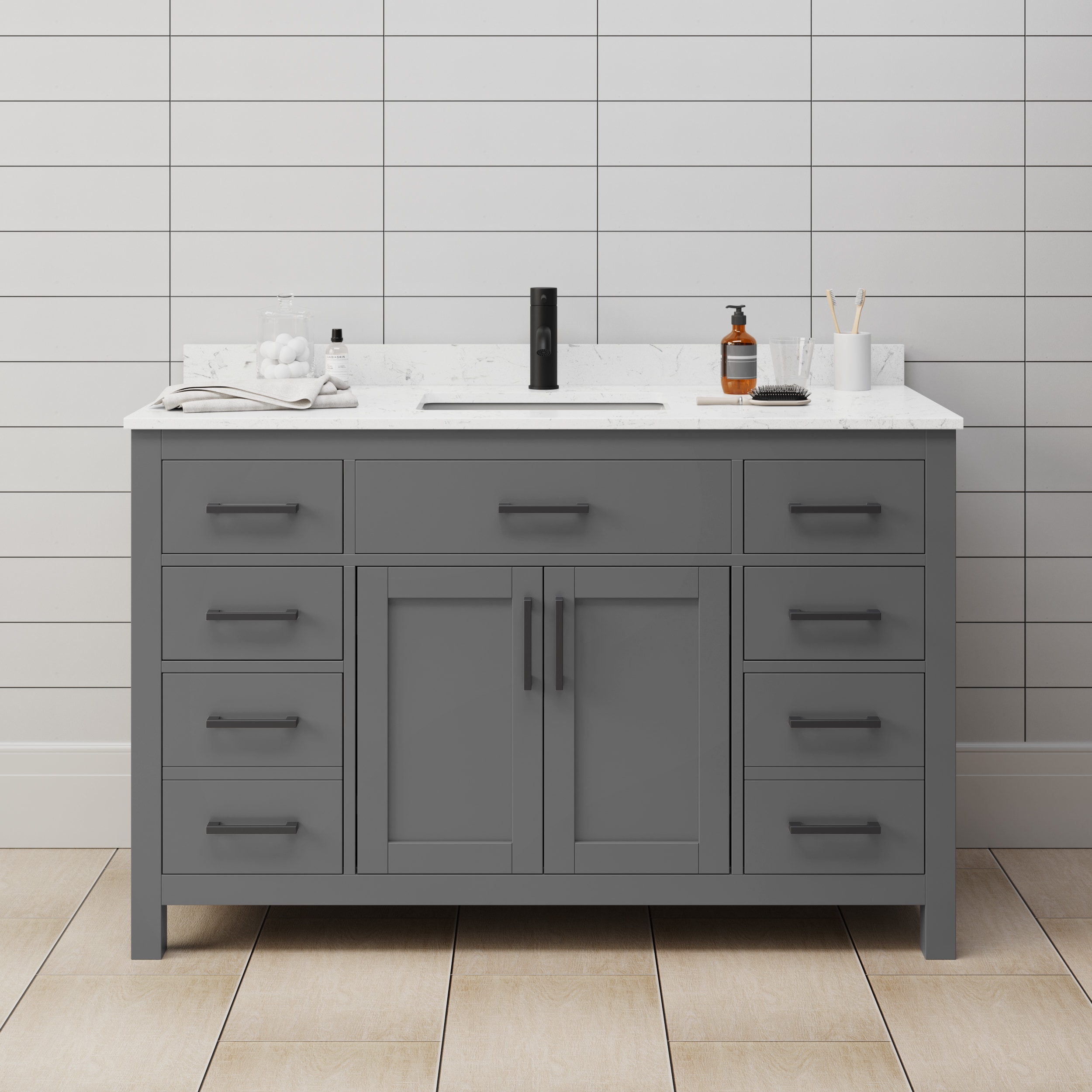 Wyndham Collection WCG242454SGBCCUNSMXX Beckett 54-in Dark Gray with Matte Black Trim Undermount Single sink Bathroom Vanity with Carrara Cultured Marble Cultured marble Top